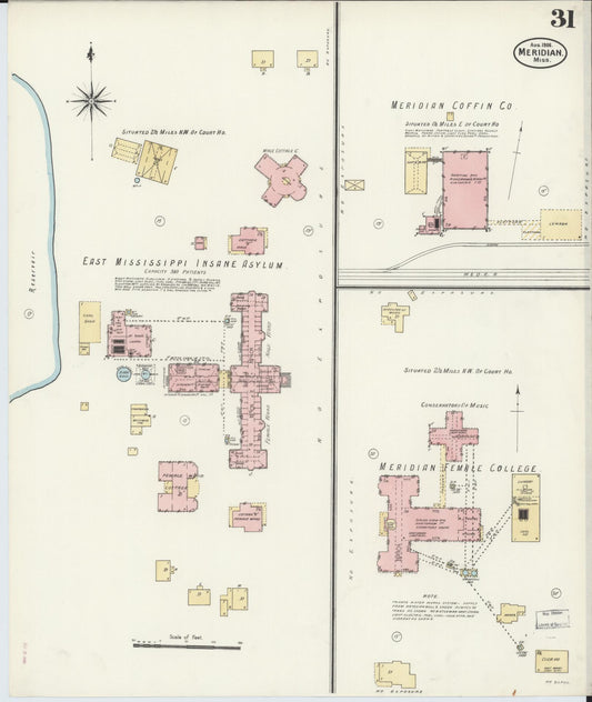 Sanborn Fire Insurance Map from Meridian, Lauderdale County, Mississippi (1906), Sheet #0031 - Historic Sanborn Fire Insurance Map Print, vintage old map wall art, antique decor, genealogy gift, Mississippi Mississippi map