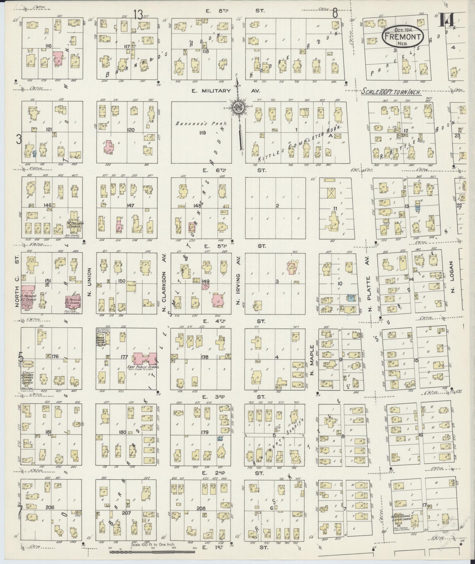 Sanborn Fire Insurance Map from Fremont, Dodge County, Nebraska (1914), Sheet #0014 - Historic Sanborn Fire Insurance Map Print, vintage old map wall art, antique decor, genealogy gift, Nebraska Nebraska map
