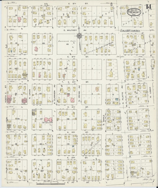 Sanborn Fire Insurance Map from Fremont, Dodge County, Nebraska (1914), Sheet #0014 - Historic Sanborn Fire Insurance Map Print, vintage old map wall art, antique decor, genealogy gift, Nebraska Nebraska map