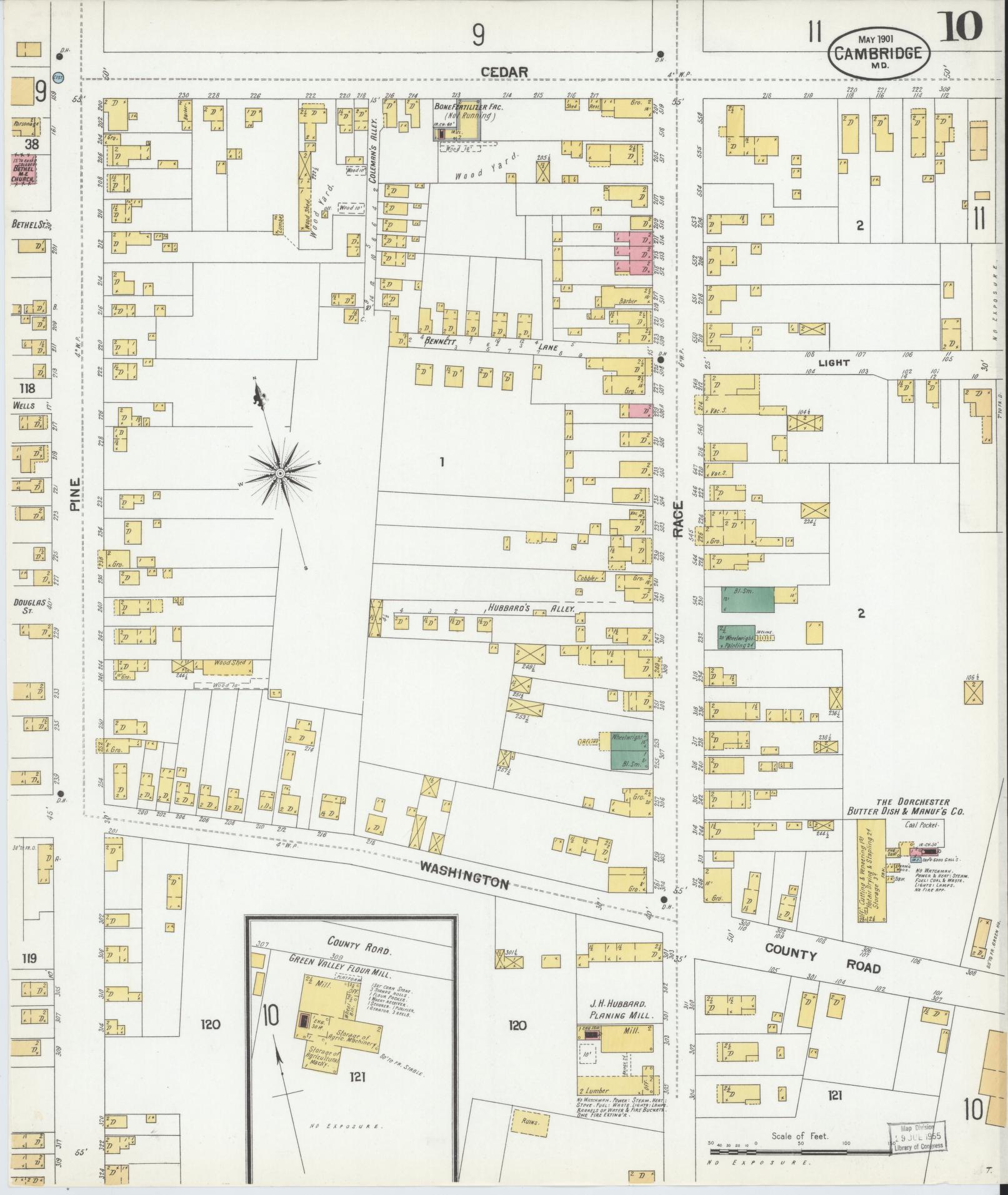 Dorchester, Maryland - 1901 - Sanborn Fire Insurance Map, Sheet #0010 - Historic Sanborn Fire Insurance Map Print, Dorchester Maryland 1901 0010 vintage old map wall art