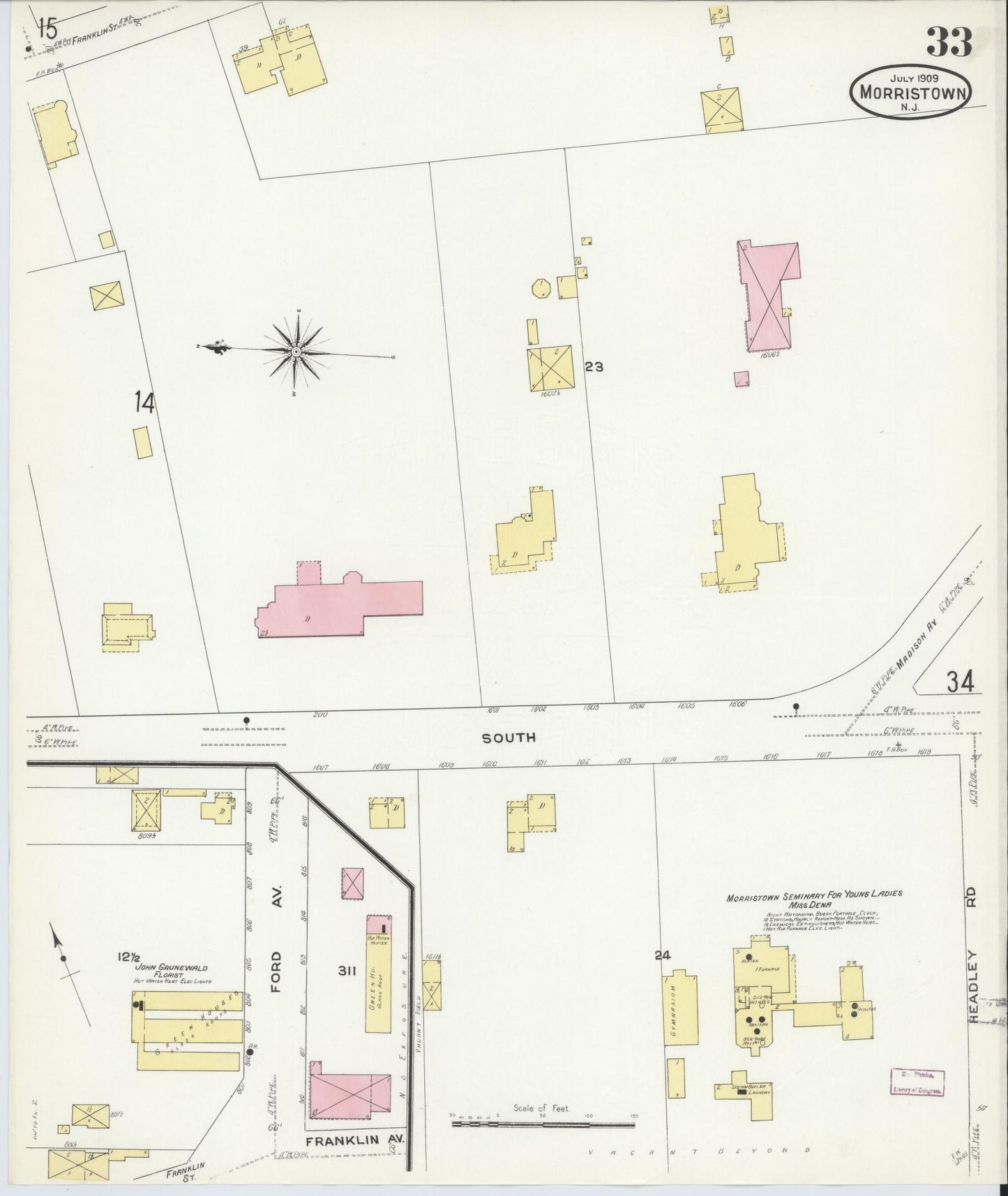 Sanborn Fire Insurance Map from Morristown, Morris County, New Jersey (1909), Sheet #0033 - Historic Sanborn Fire Insurance Map Print, vintage old map wall art, antique decor, genealogy gift, New Jersey New Jersey map