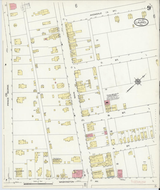Sanborn Fire Insurance Map from Laurel, Prince Georges County, Maryland (1914), Sheet #0009 - Historic Sanborn Fire Insurance Map Print, vintage old map wall art