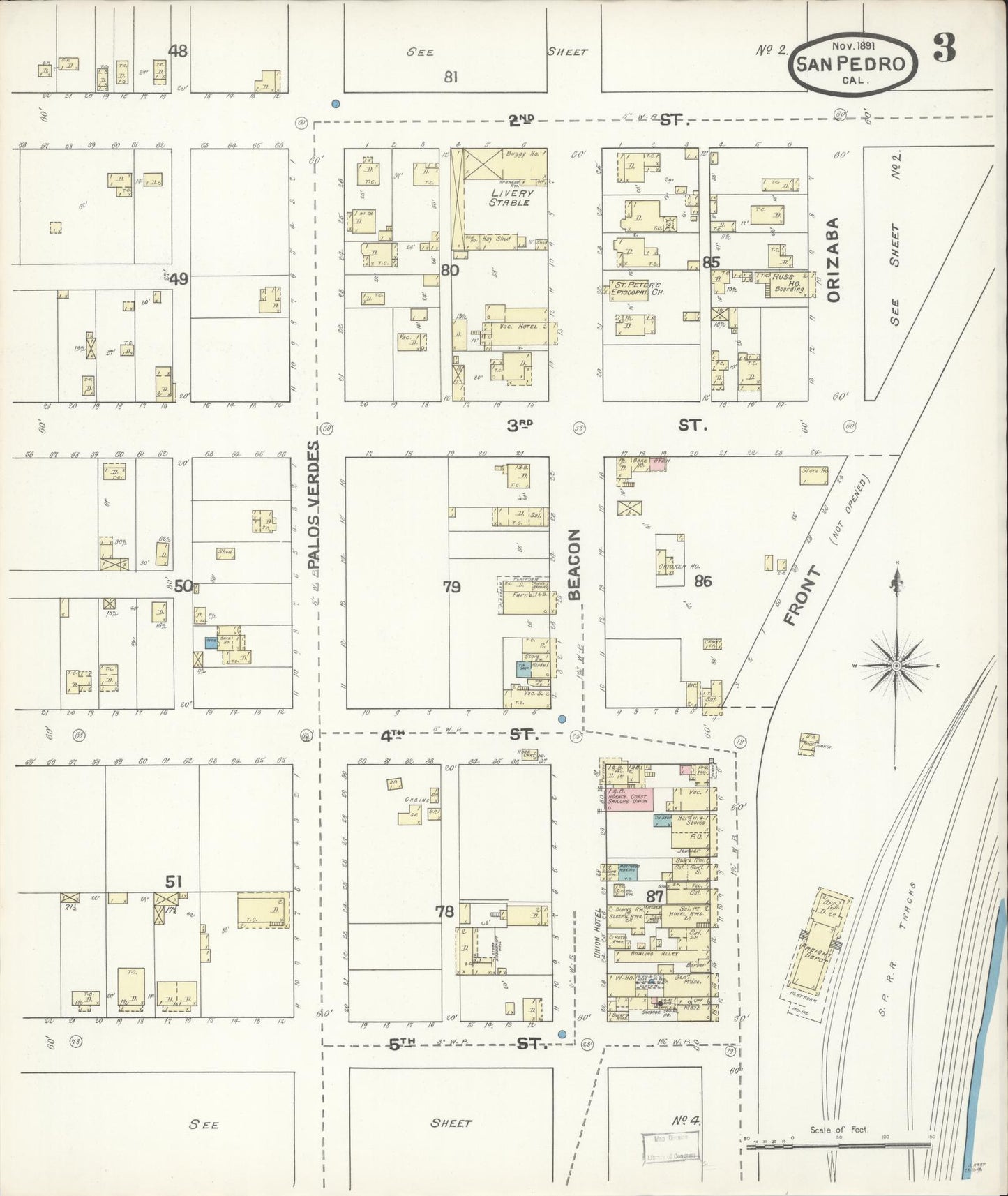 Sanborn Fire Insurance Map from San Pedro, Los Angeles County, California (1891), Sheet #0003 - Complete Map Set gallery image, historic Sanborn map, vintage wall art, California California