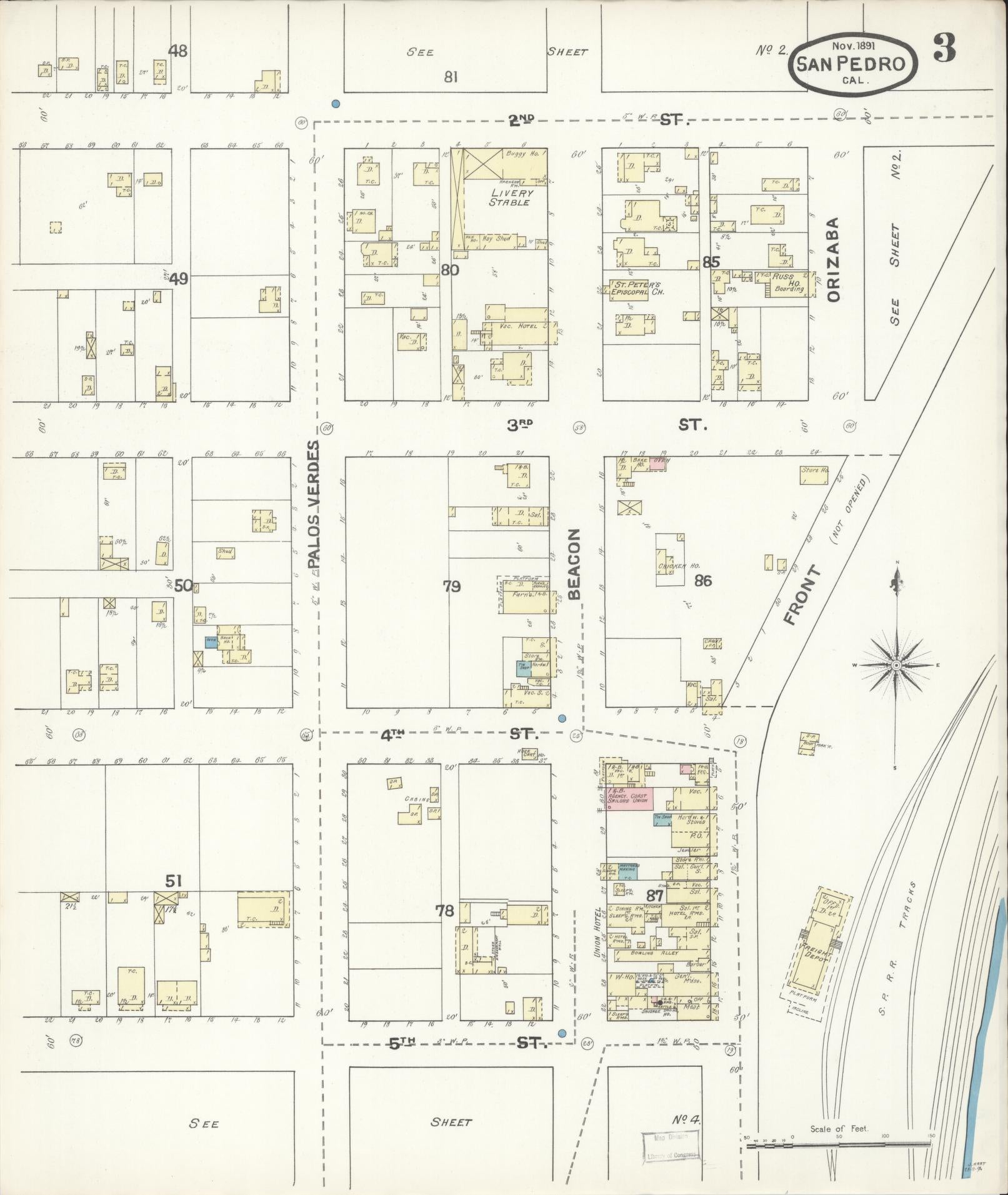 Sanborn Fire Insurance Map from San Pedro, Los Angeles County, California (1891), Sheet #0003 - Complete Map Set gallery image, historic Sanborn map, vintage wall art, California California