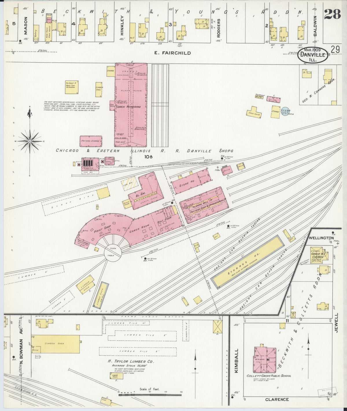 Sanborn Fire Insurance Map from Danville, Vermilion County, Illinois (1909), Sheet #0028 - Historic Sanborn Fire Insurance Map Print, vintage old map wall art, antique decor, genealogy gift, Illinois Illinois map