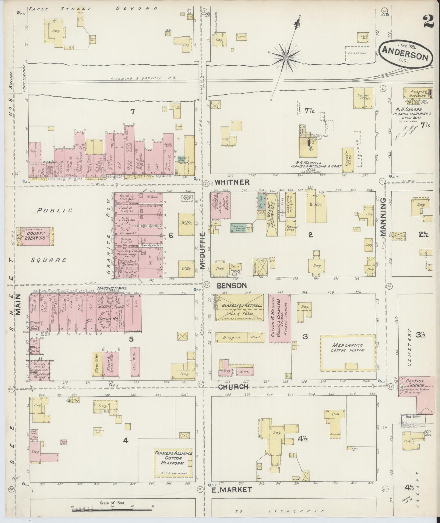 Sanborn Fire Insurance Map from Anderson, Anderson County, South Carolina (1890), Sheet #0002 - Historic Sanborn Fire Insurance Map Print, vintage old map wall art, antique decor, genealogy gift, South Carolina South Carolina map