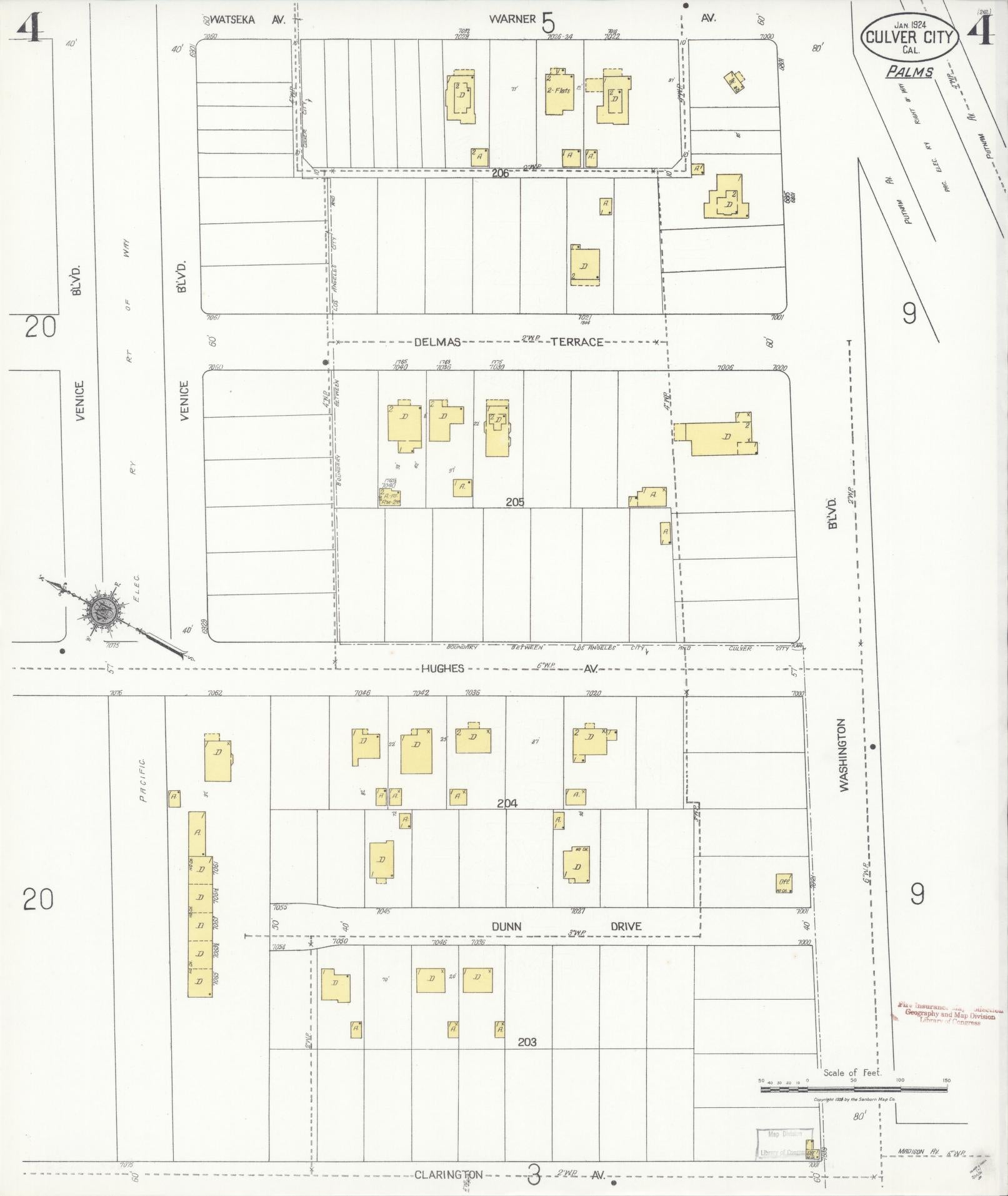 Sanborn Fire Insurance Map from Culver City, Los Angeles County, California (1924), Sheet #0004 - Historic Sanborn Fire Insurance Map Print, vintage old map wall art, antique decor, genealogy gift, California California map