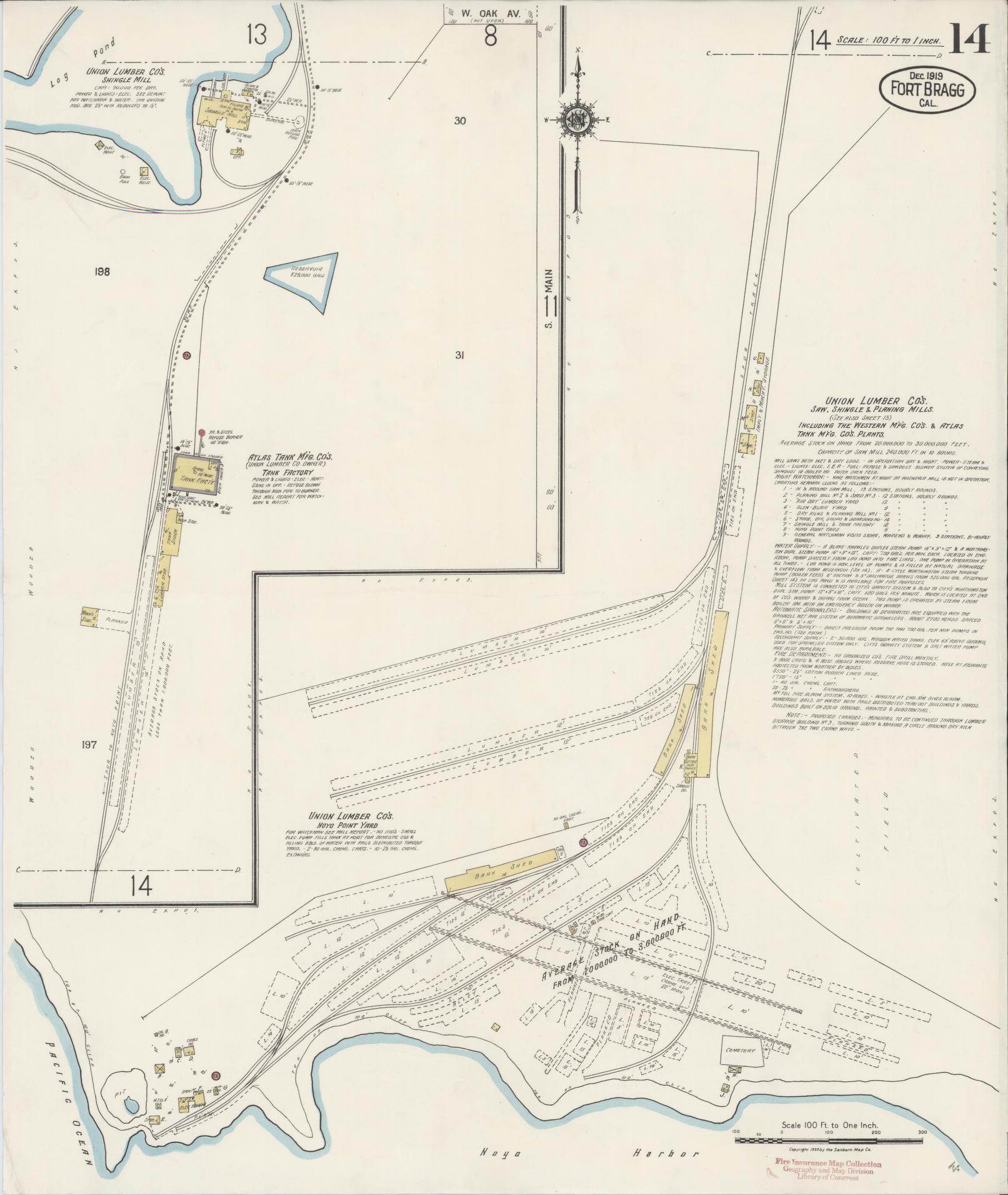 Sanborn Fire Insurance Map from Fort Bragg, Mendocino County, California (1919), Sheet #0014 - Historic Sanborn Fire Insurance Map Print, vintage old map wall art, antique decor, genealogy gift, California California map