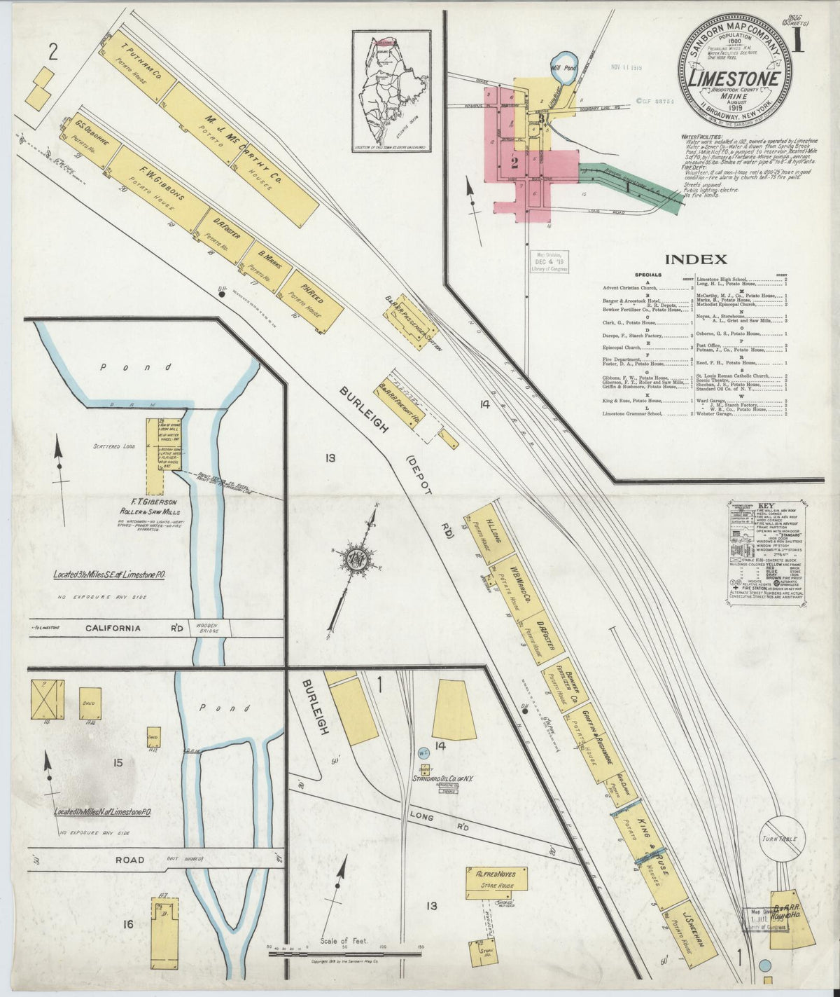 Sanborn Fire Insurance Map from Limestone, Aroostook County, Maine (1919), Sheet #0001 - Complete Map Set gallery image, historic Sanborn map, vintage wall art, Maine Maine