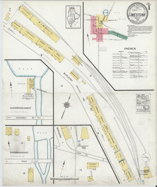 Sanborn Fire Insurance Map from Limestone, Aroostook County, Maine (1919), Sheet #0001 - Complete Map Set gallery image, historic Sanborn map, vintage wall art, Maine Maine