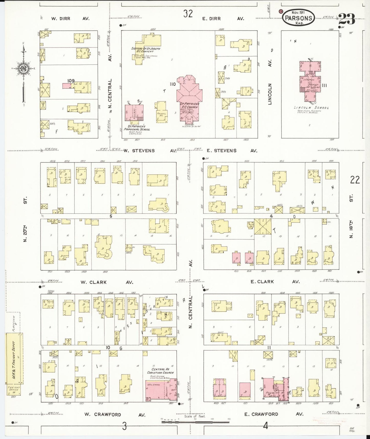 Sanborn Fire Insurance Map from Parsons, Labette County, Kansas (1911), Sheet #0023 - Complete Map Set gallery image, historic Sanborn map, vintage wall art, Kansas Kansas