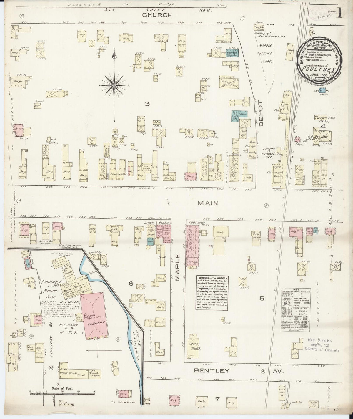 Sanborn Fire Insurance Map from Poultney, Rutland County, Vermont (1885), Sheet #0001 - Historic Sanborn Fire Insurance Map Print, vintage old map wall art, antique decor, genealogy gift, Vermont Vermont map
