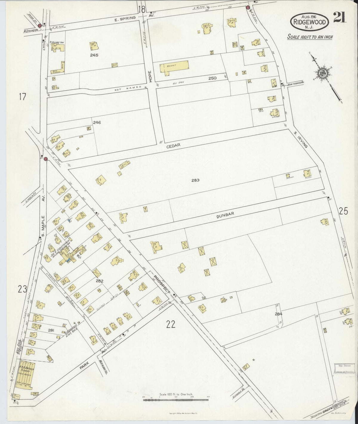 Sanborn Fire Insurance Map from Ridgewood, Bergen County, New Jersey (1916), Sheet #0021 - Complete Map Set gallery image, historic Sanborn map, vintage wall art, New Jersey New Jersey