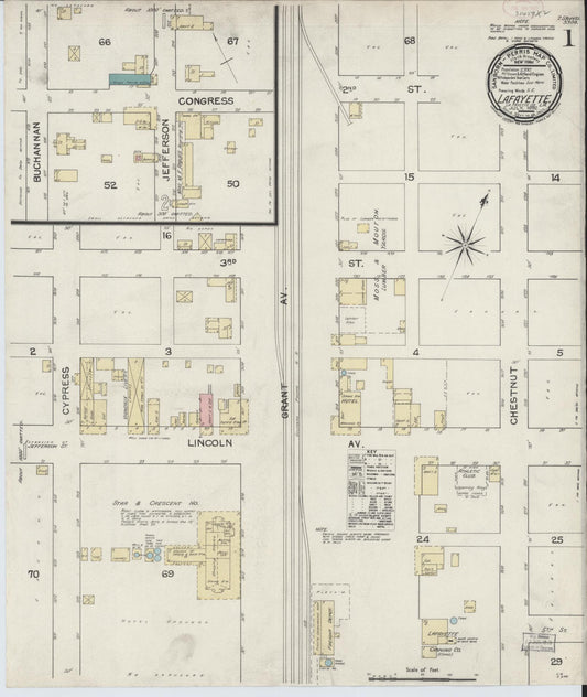 Sanborn Fire Insurance Map from Lafayette, Lafayette Parish, Louisiana (1892), Sheet #0001 - Complete Map Set gallery image, historic Sanborn map, vintage wall art, Louisiana Louisiana