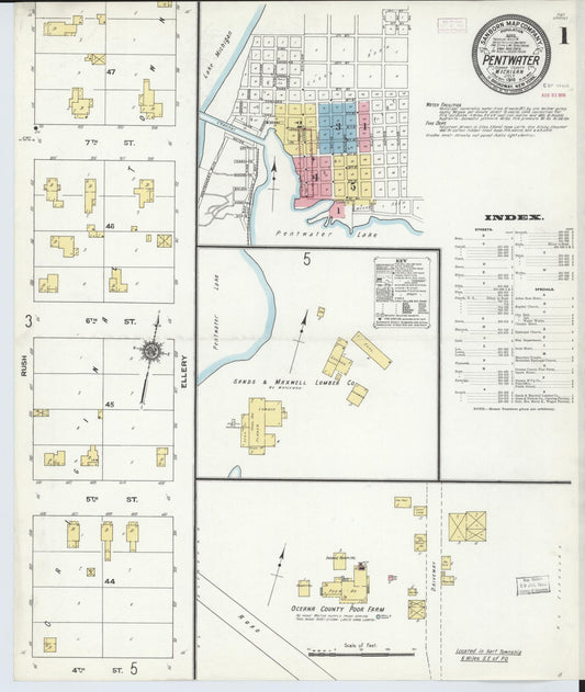 Sanborn Fire Insurance Map from Pentwater, Oceana County, Michigan (1910), Sheet #0001 - Historic Sanborn Fire Insurance Map Print, vintage old map wall art, antique decor, genealogy gift, Michigan Michigan map