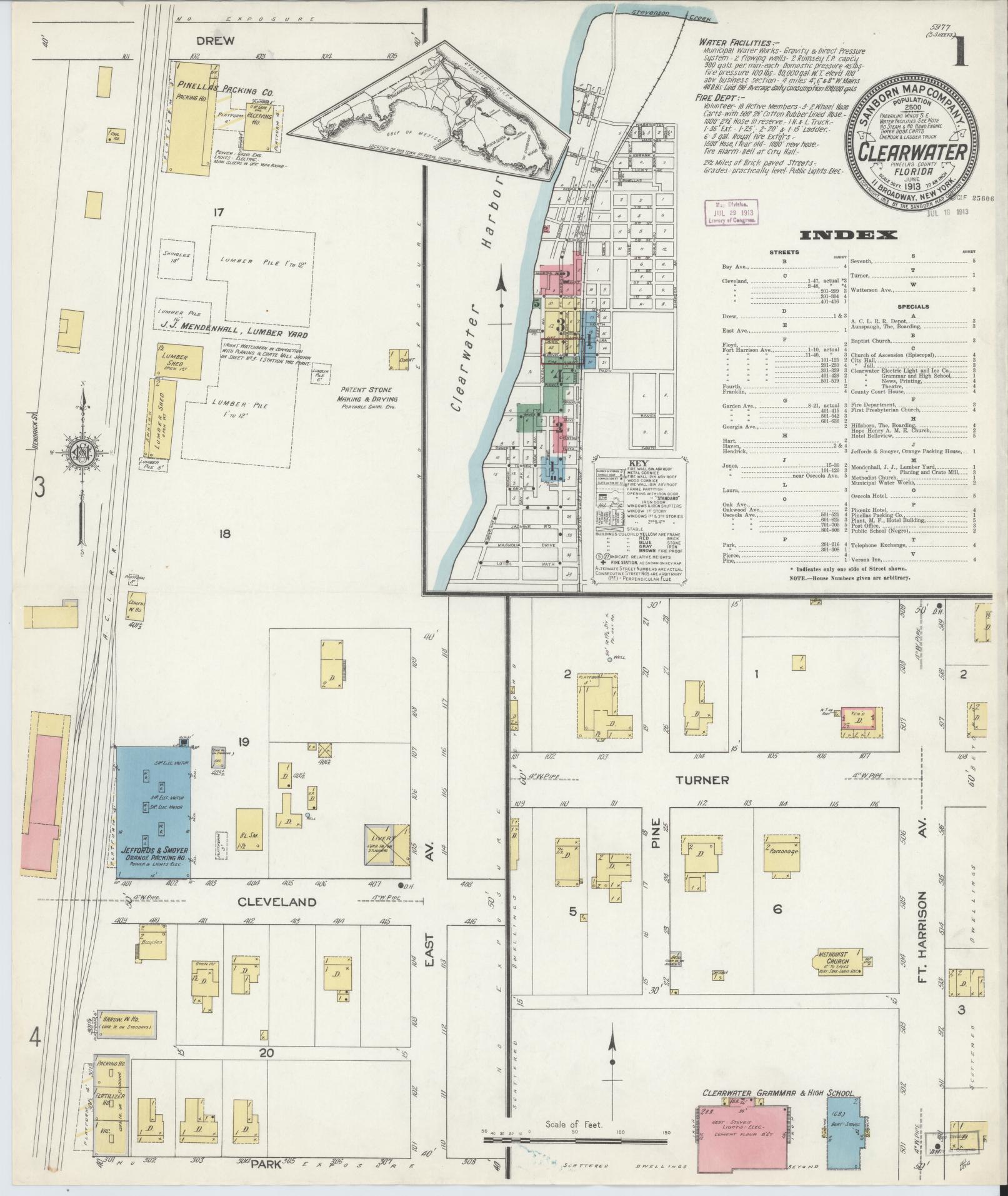 Sanborn Fire Insurance Map from Clearwater, Pinellas County, Florida (1913), Sheet #0001 - Historic Sanborn Fire Insurance Map Print, vintage old map wall art, antique decor, genealogy gift, Florida Florida map