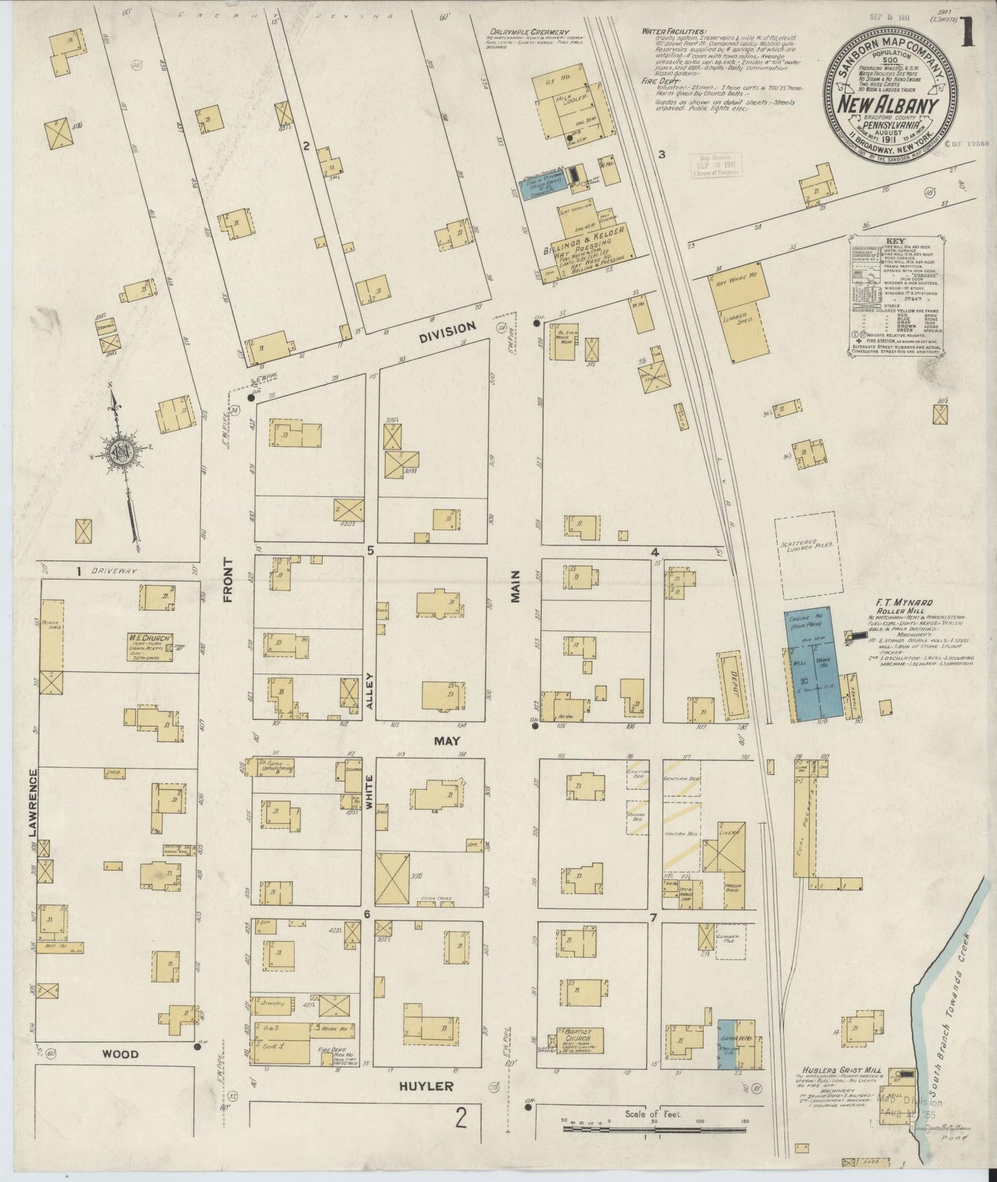 Sanborn Fire Insurance Map from New Albany, Bradford County, Pennsylvania (1911), Sheet #0001 - Historic Sanborn Fire Insurance Map Print, vintage old map wall art, antique decor, genealogy gift, Pennsylvania Pennsylvania map