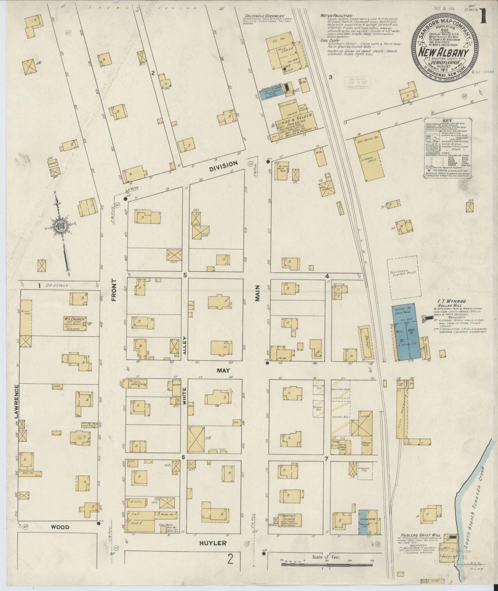 Sanborn Fire Insurance Map from New Albany, Bradford County, Pennsylvania (1911), Sheet #0001 - Historic Sanborn Fire Insurance Map Print, vintage old map wall art, antique decor, genealogy gift, Pennsylvania Pennsylvania map
