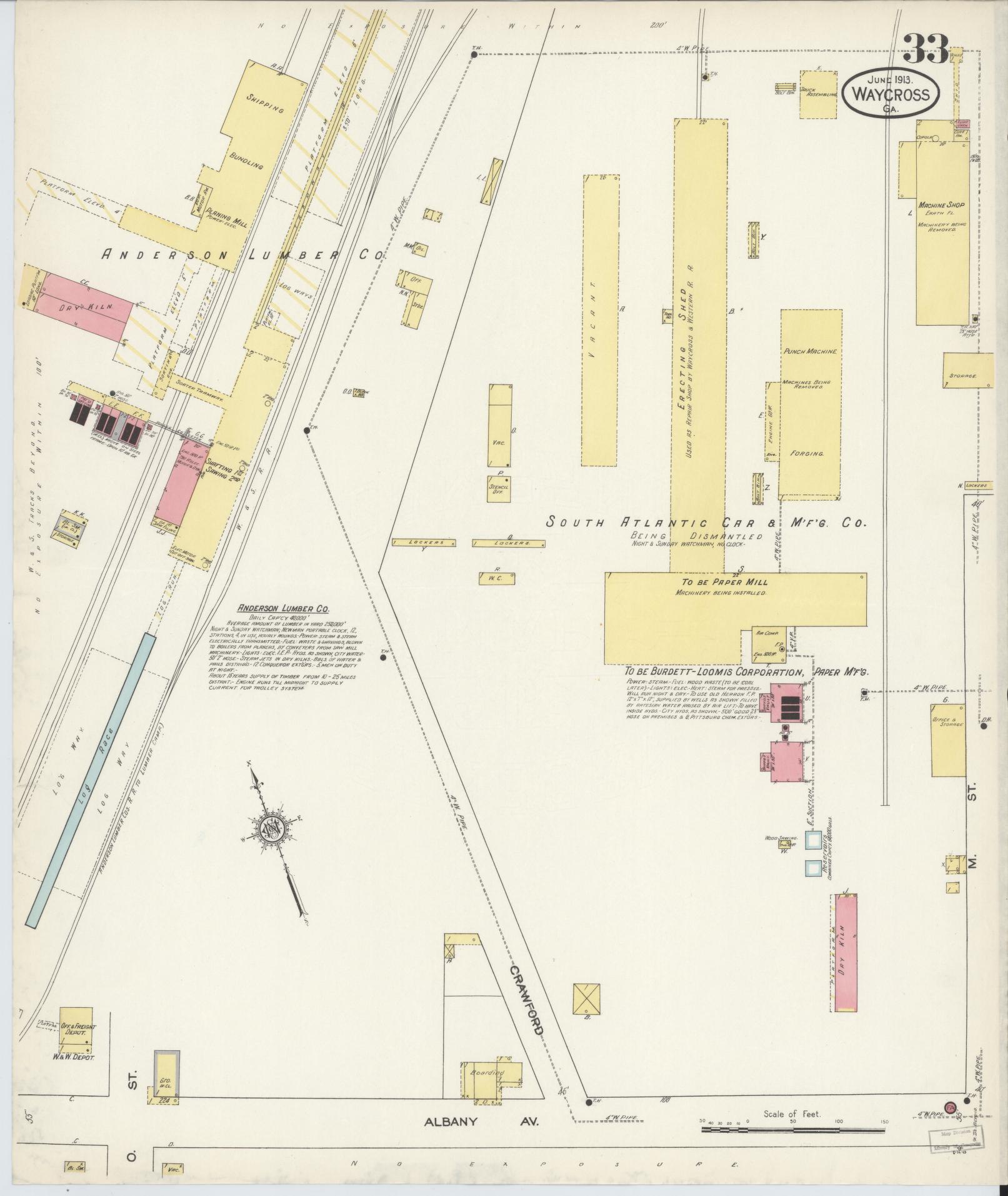 Sanborn Fire Insurance Map from Waycross, Ware County, Georgia (1913), Sheet #0033 - Complete Map Set gallery image, historic Sanborn map, vintage wall art, Georgia Georgia