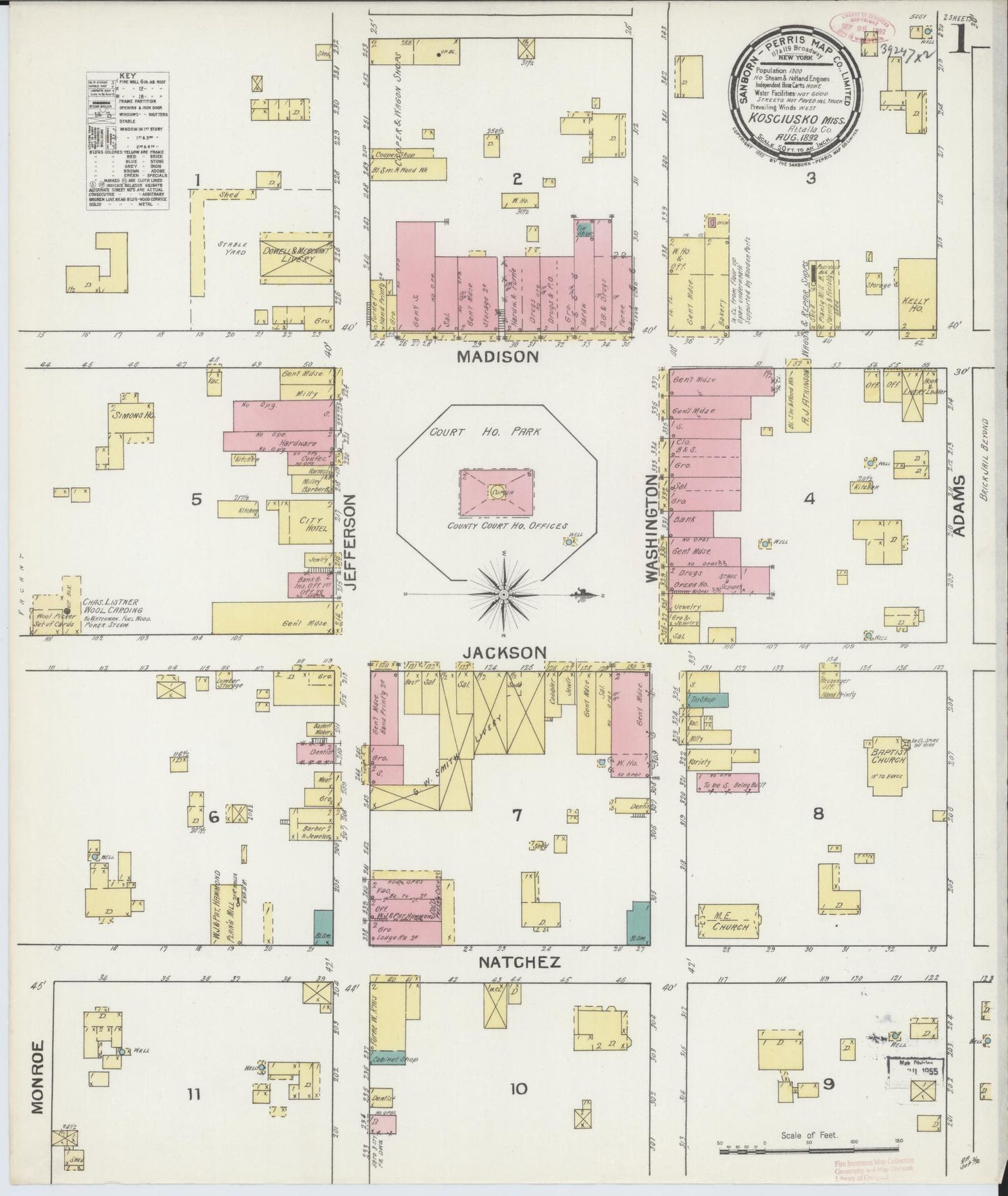 Sanborn Fire Insurance Map from Kosciusko, Attala County, Mississippi (1892), Sheet #0001 - Historic Sanborn Fire Insurance Map Print, vintage old map wall art, antique decor, genealogy gift, Mississippi Mississippi map