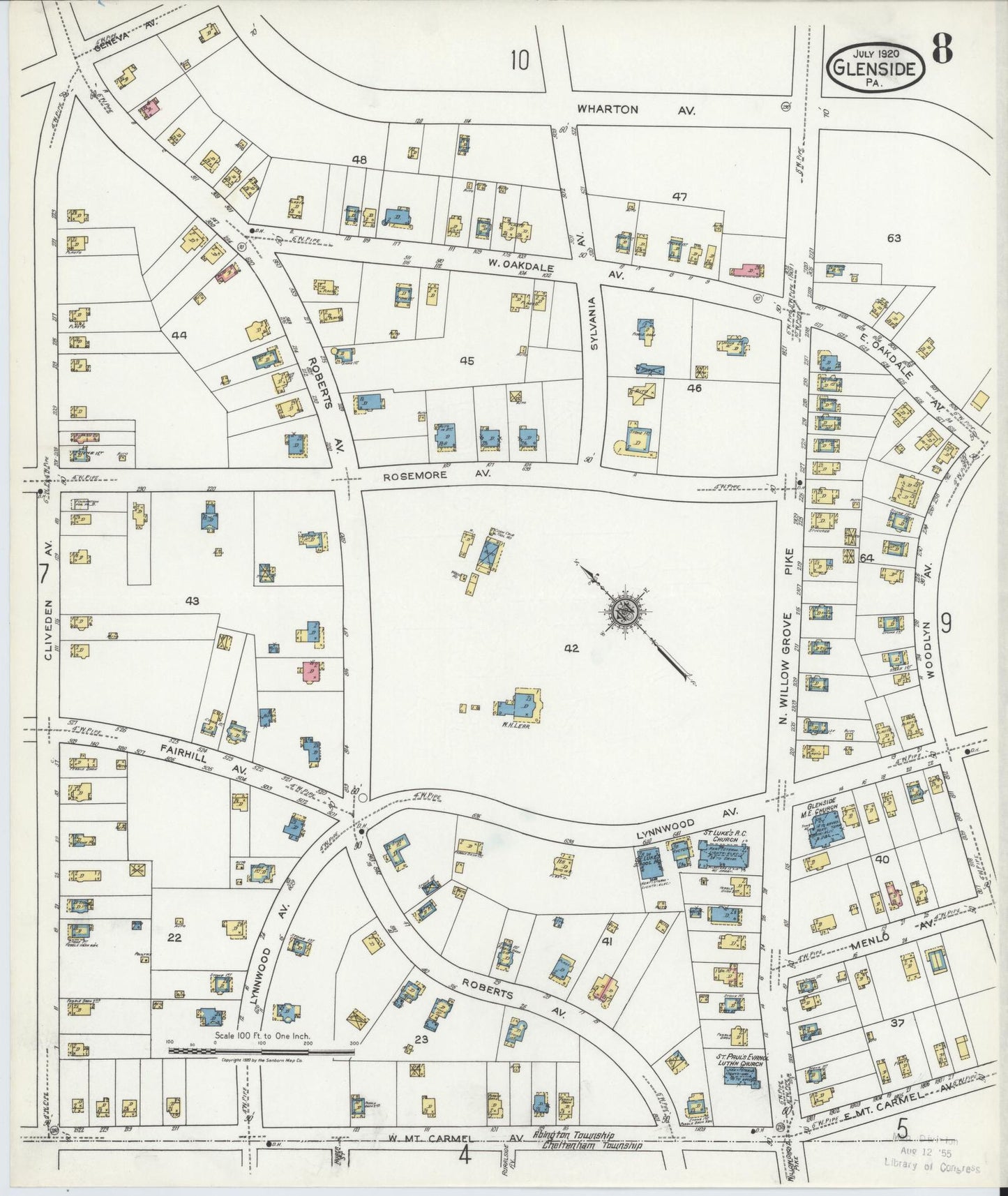 Sanborn Fire Insurance Map from Glenside, Montgomery County, Pennsylvania (1920), Sheet #0008 - Historic Sanborn Fire Insurance Map Print, vintage old map wall art, antique decor, genealogy gift, Pennsylvania Pennsylvania map