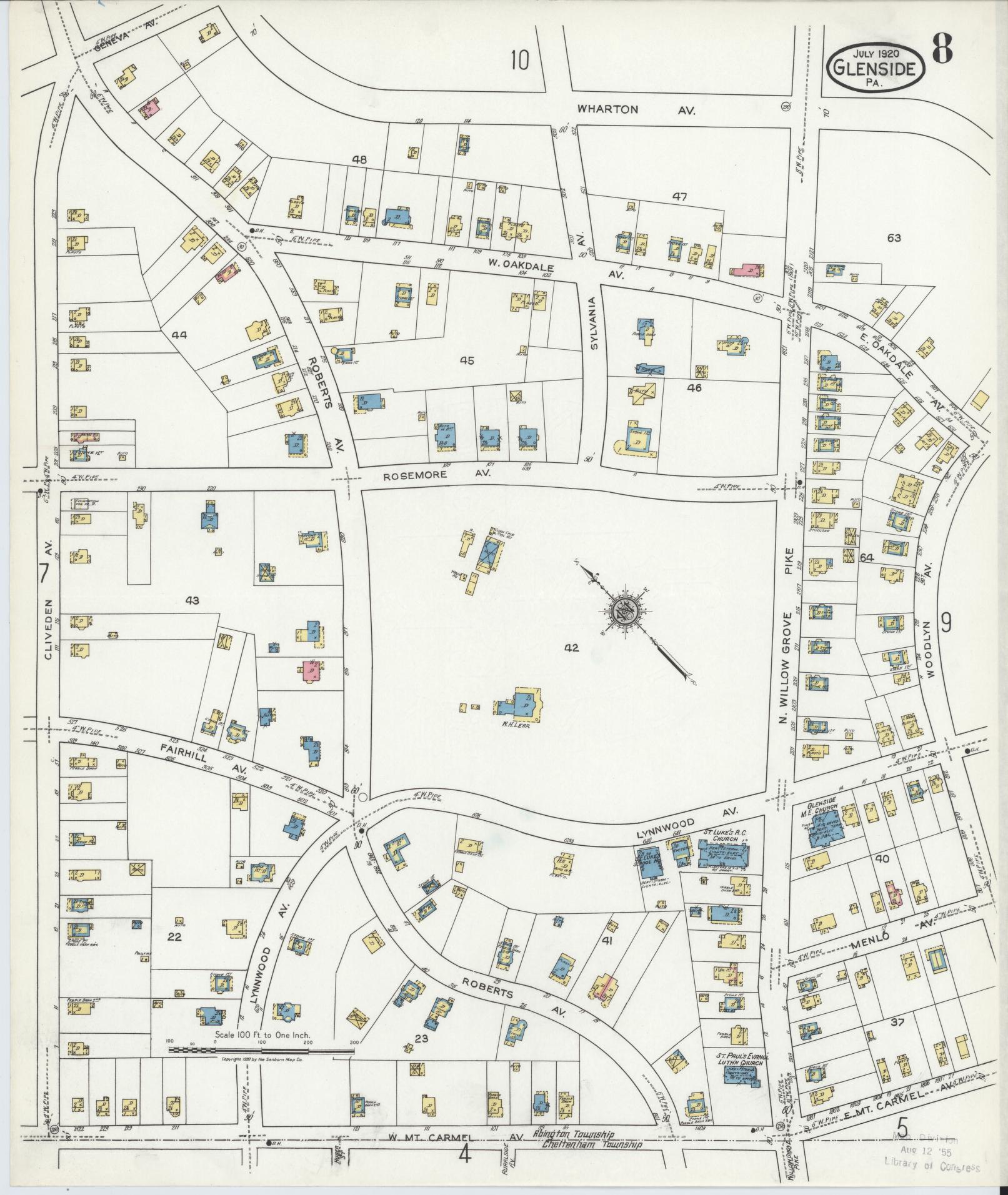 Sanborn Fire Insurance Map from Glenside, Montgomery County, Pennsylvania (1920), Sheet #0008 - Historic Sanborn Fire Insurance Map Print, vintage old map wall art, antique decor, genealogy gift, Pennsylvania Pennsylvania map