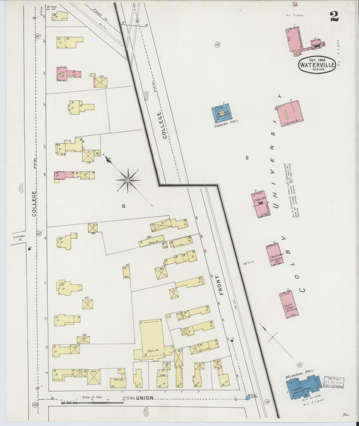 Sanborn Fire Insurance Map from Waterville, Kennebec County, Maine (1894), Sheet #0002 - Historic Sanborn Fire Insurance Map Print, vintage old map wall art, antique decor, genealogy gift, Maine Maine map