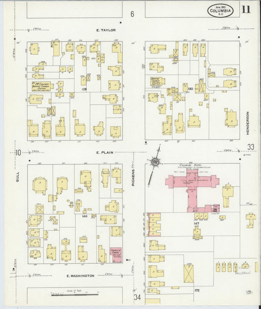 Sanborn Fire Insurance Map from Columbia, Richland County, South Carolina (1910), Sheet #0011 - Historic Sanborn Fire Insurance Map Print, vintage old map wall art, antique decor, genealogy gift, South Carolina South Carolina map