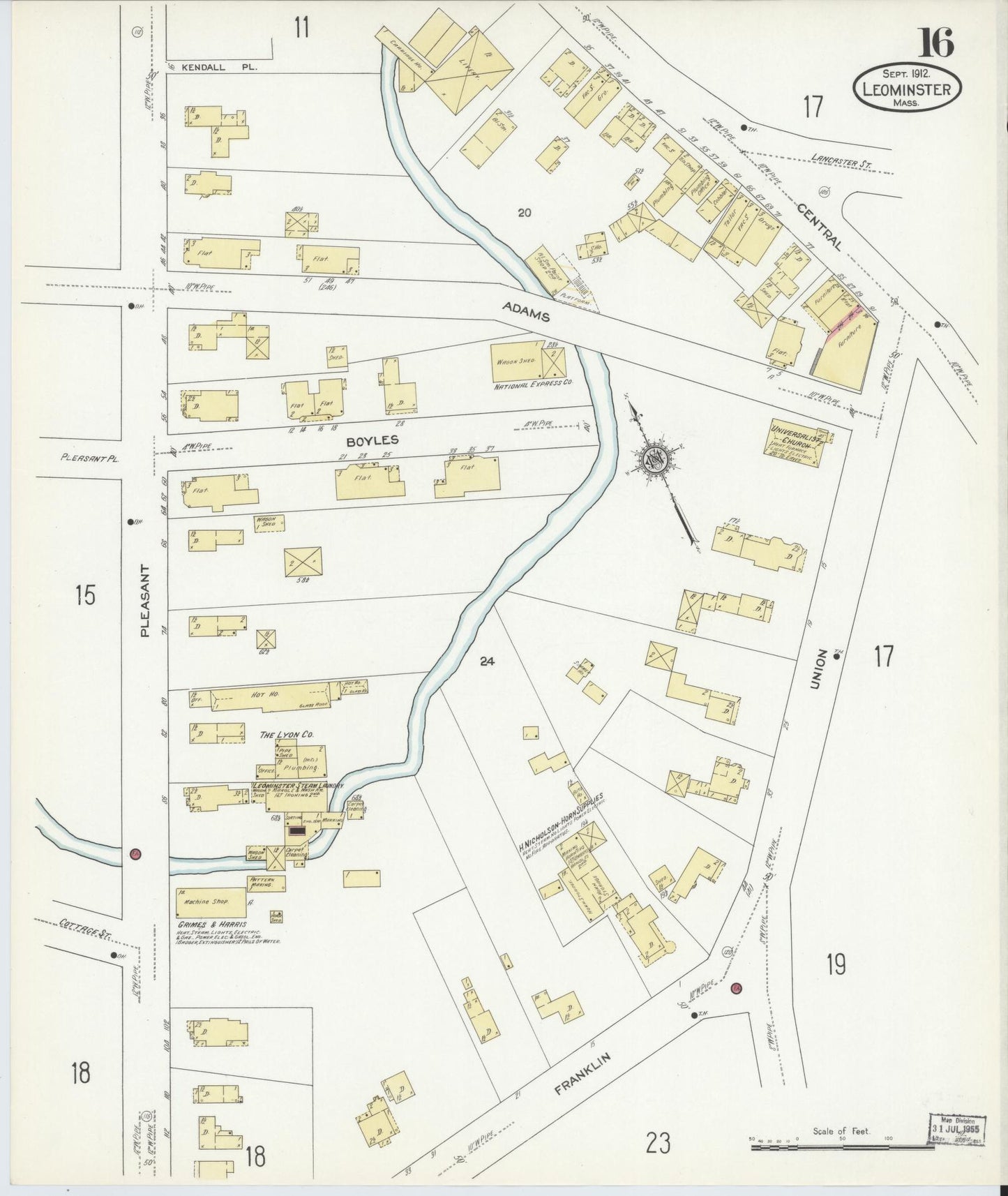 Sanborn Fire Insurance Map from Leominster, Worcester County, Massachusetts (1912), Sheet #0016 - Complete Map Set gallery image, historic Sanborn map, vintage wall art, Massachusetts Massachusetts