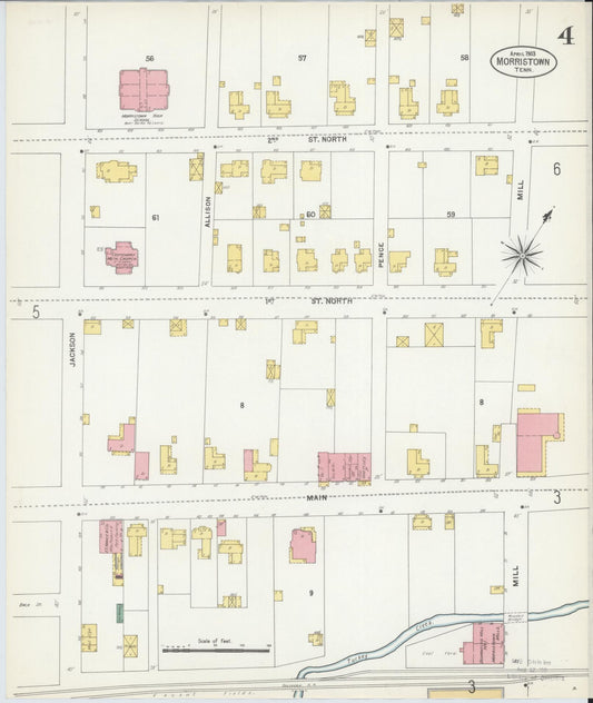 Sanborn Fire Insurance Map from Morristown, Hamblen County, Tennessee (1903), Sheet #0004 - Historic Sanborn Fire Insurance Map Print, vintage old map wall art, antique decor, genealogy gift, Tennessee Tennessee map