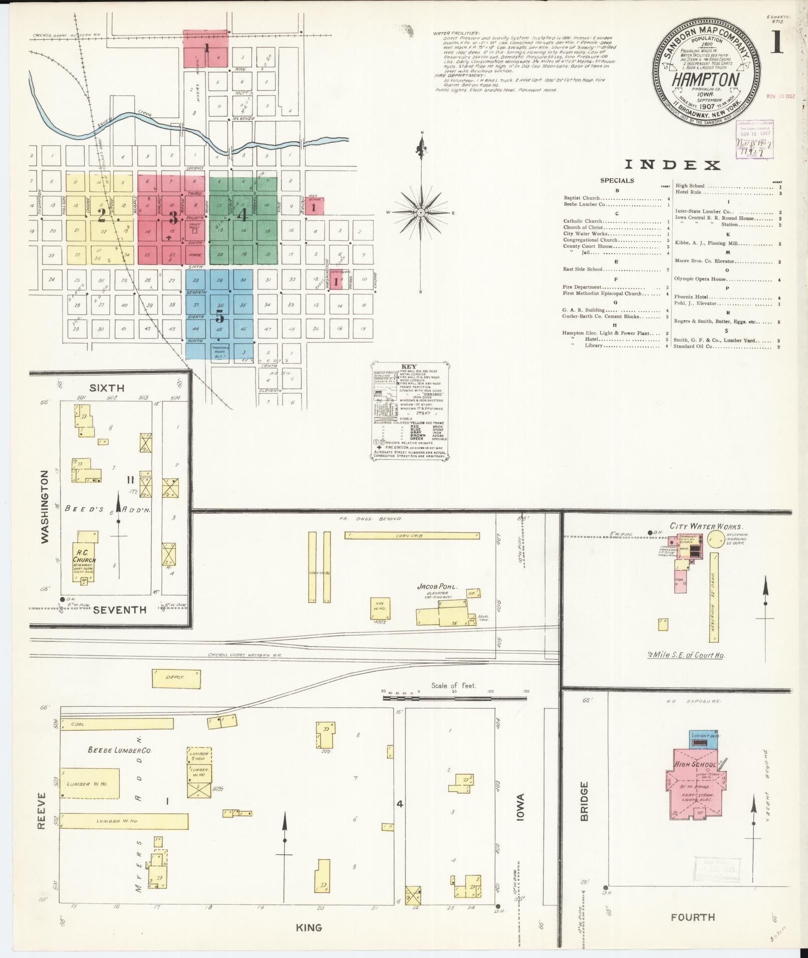 Sanborn Fire Insurance Map from Hampton, Franklin County, Iowa (1907), Sheet #0001 - Historic Sanborn Fire Insurance Map Print, vintage old map wall art