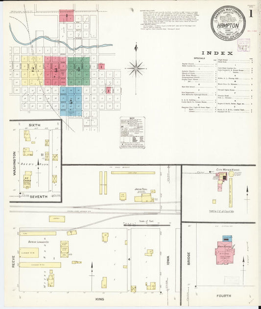Sanborn Fire Insurance Map from Hampton, Franklin County, Iowa (1907), Sheet #0001 - Historic Sanborn Fire Insurance Map Print, vintage old map wall art