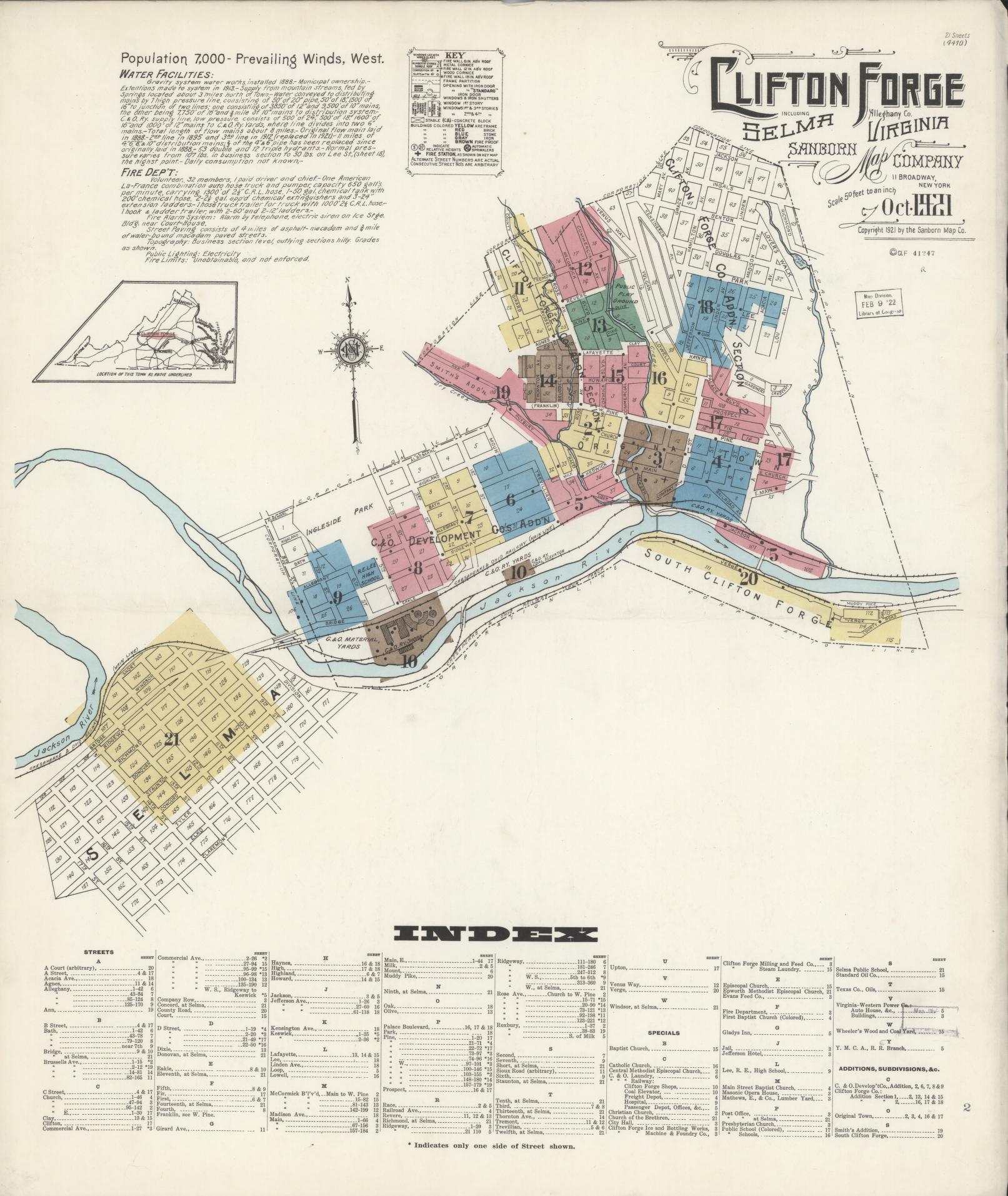 Sanborn Fire Insurance Map from Clifton Forge, Independent Cities (prior to 2001), Virginia. (1921) – Historic Sanborn Fire Insurance Map Print