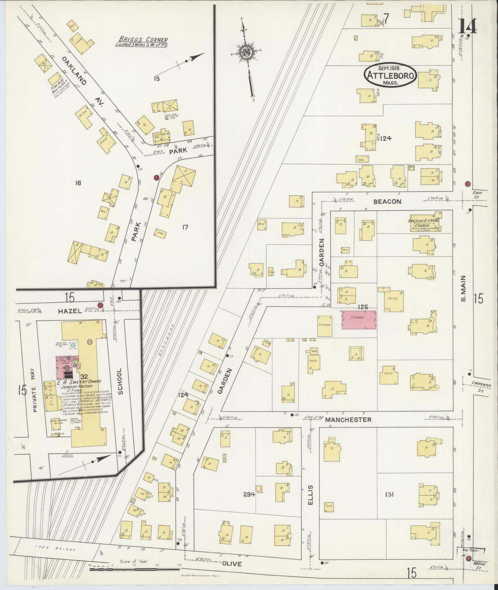 Sanborn Fire Insurance Map from Attleboro, Bristol County, Massachusetts (1916), Sheet #0014 - Complete Map Set gallery image, historic Sanborn map, vintage wall art, Massachusetts Massachusetts