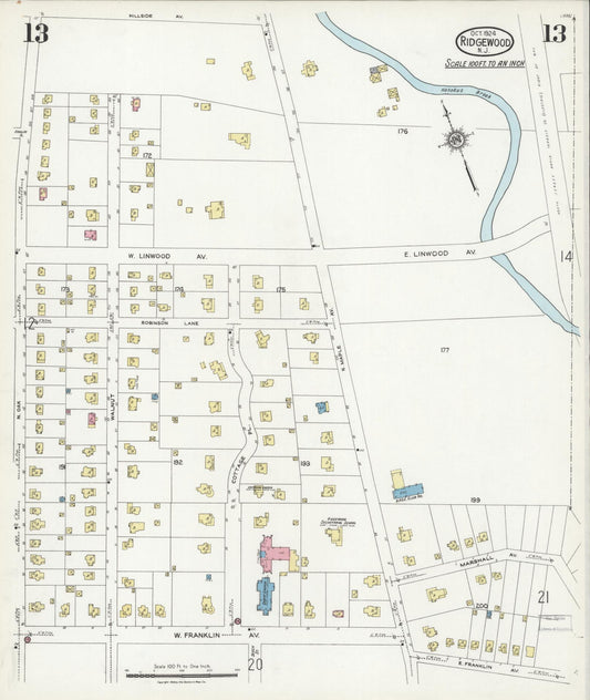 Sanborn Fire Insurance Map from Ridgewood, Bergen County, New Jersey (1924), Sheet #0013 - Historic Sanborn Fire Insurance Map Print, vintage old map wall art, antique decor, genealogy gift, New Jersey New Jersey map