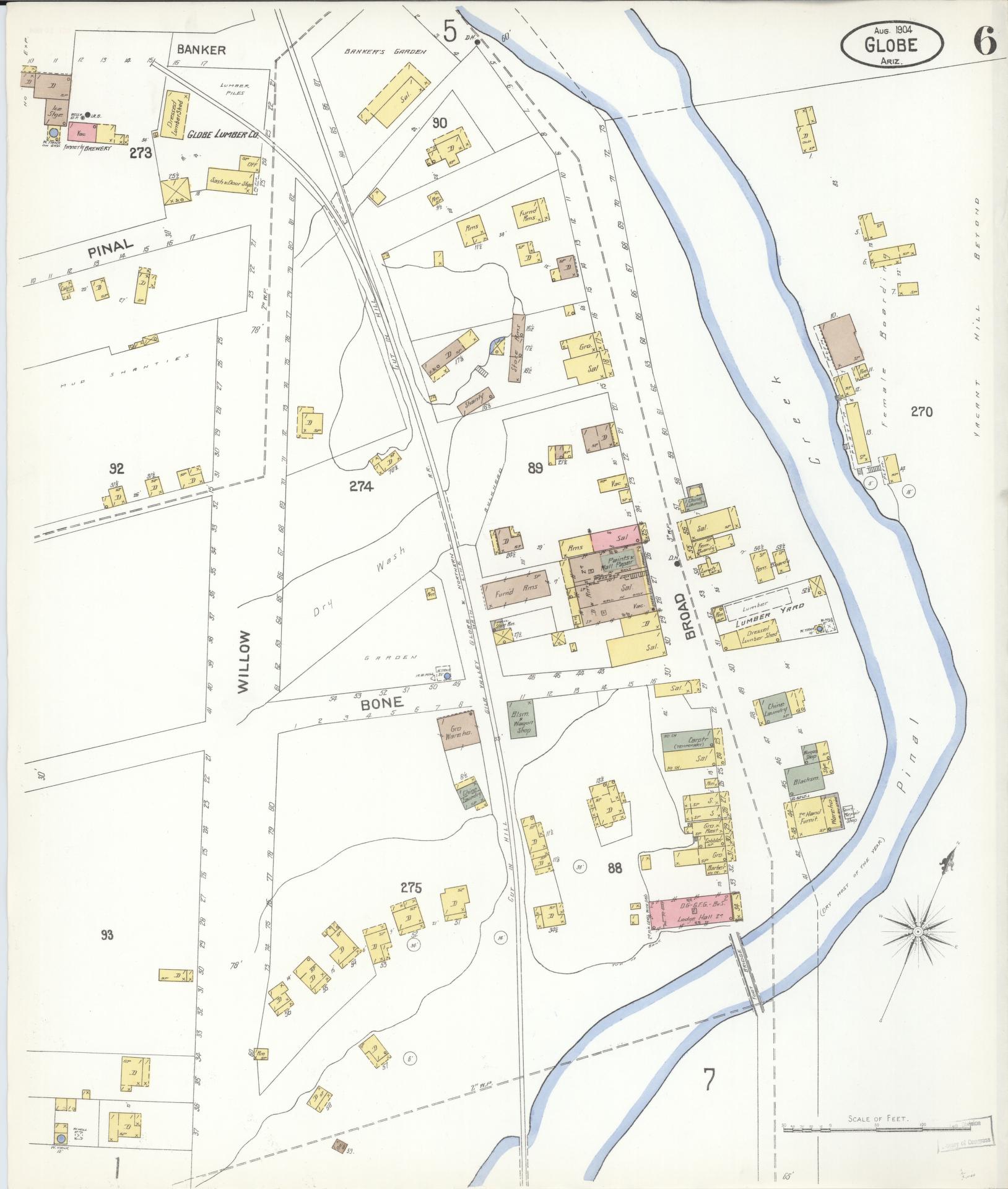 Sanborn Fire Insurance Map from Globe, Gila County, Arizona (1904), Sheet #0006 - Complete Map Set gallery image, historic Sanborn map, vintage wall art, Arizona Arizona