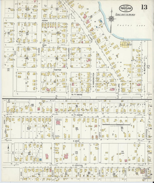 Sanborn Fire Insurance Map from Warsaw, Kosciusko County, Indiana (1917), Sheet #0013 - Historic Sanborn Fire Insurance Map Print, vintage old map wall art, antique decor, genealogy gift, Indiana Indiana map