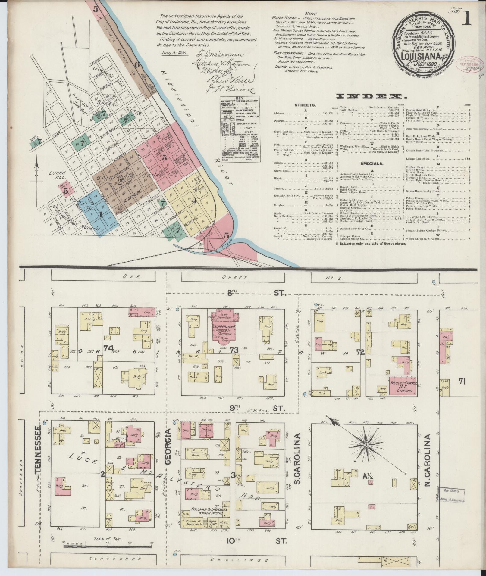 Sanborn Fire Insurance Map from Louisiana, Pike County, Missouri (1890), Sheet #0001 - Complete Map Set gallery image, historic Sanborn map, vintage wall art, Missouri Missouri