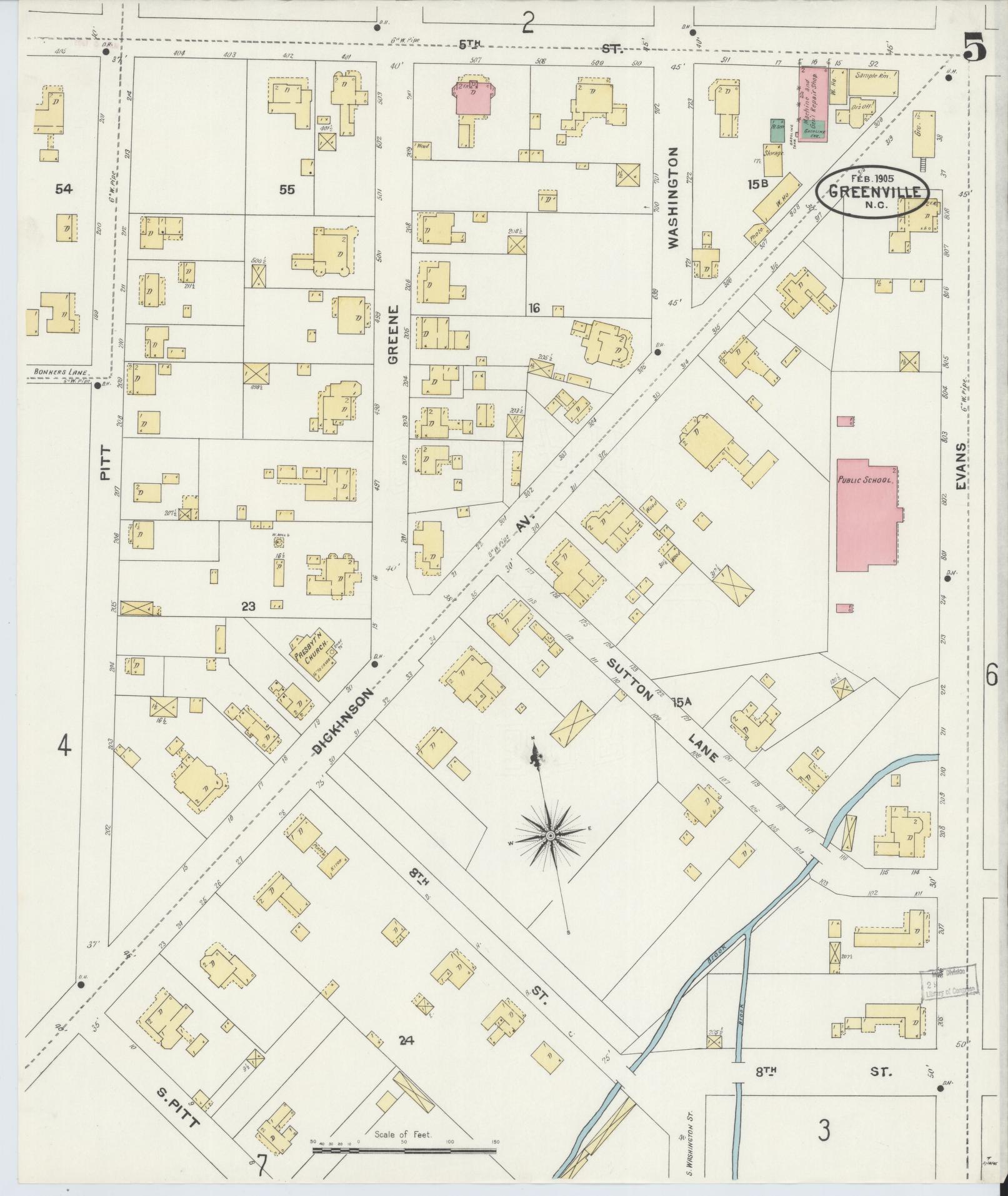 Sanborn Fire Insurance Map from Greenville, Pitt County, North Carolina (1905), Sheet #0005 - Historic Sanborn Fire Insurance Map Print, vintage old map wall art, antique decor, genealogy gift, North Carolina North Carolina map