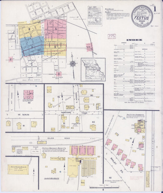 Sanborn Fire Insurance Map from Festus, Jefferson County, Missouri (1915), Sheet #0001 - Complete Map Set gallery image, historic Sanborn map, vintage wall art, Missouri Missouri