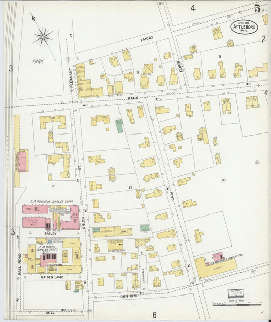Sanborn Fire Insurance Map from Attleboro, Bristol County, Massachusetts (1899), Sheet #0005 - Historic Sanborn Fire Insurance Map Print, vintage old map wall art, antique decor, genealogy gift, Massachusetts Massachusetts map