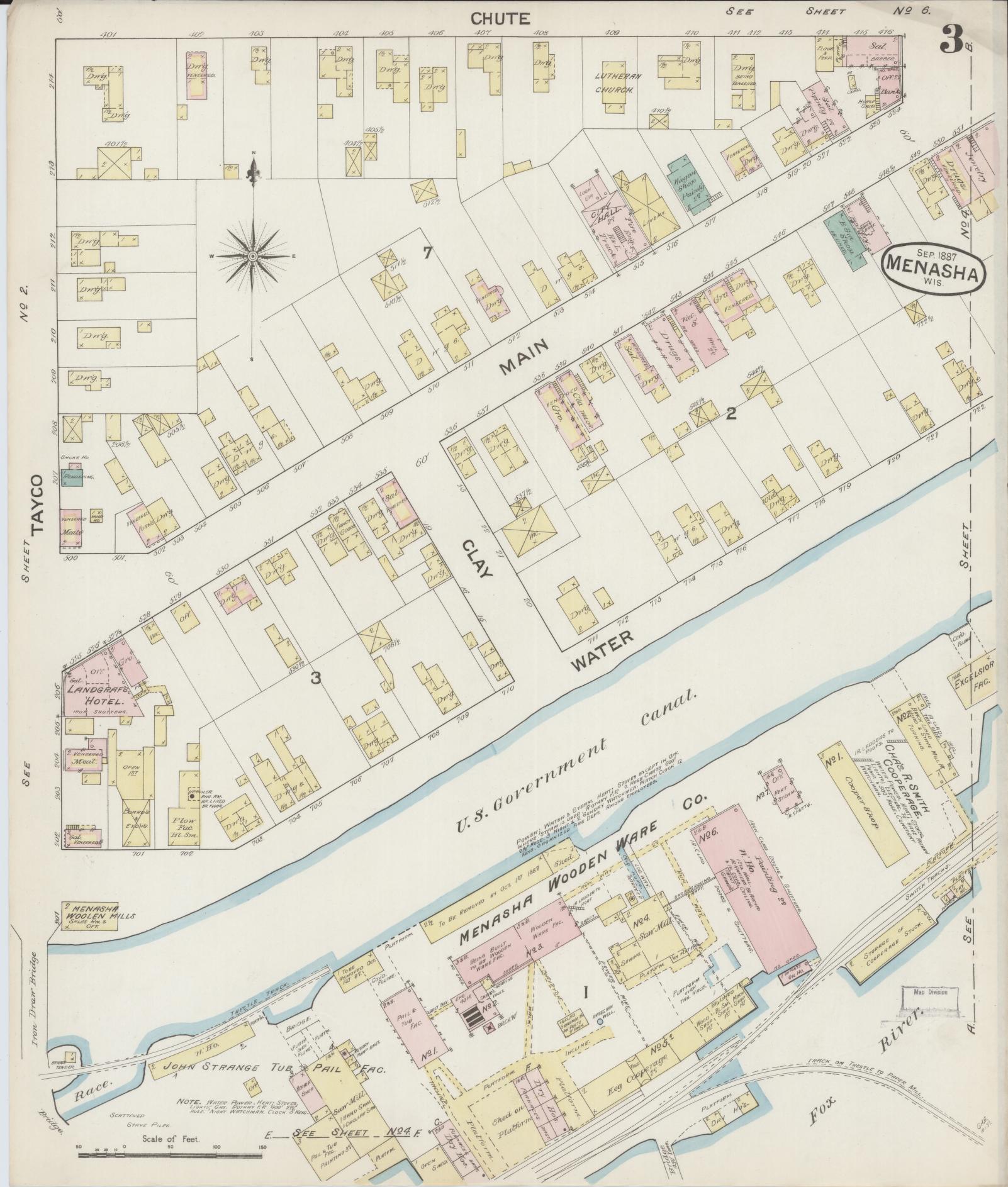 Sanborn Fire Insurance Map from Menasha, Winnebago County, Wisconsin (1887), Sheet #0003 - Complete Map Set gallery image, historic Sanborn map, vintage wall art, Wisconsin Wisconsin
