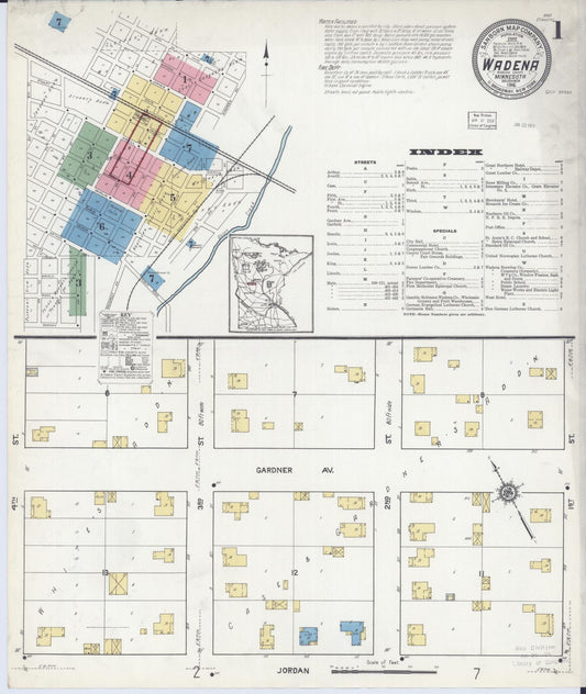 Sanborn Fire Insurance Map from Wadena, Wadena County, Minnesota (1916), Sheet #0001 - Historic Sanborn Fire Insurance Map Print, vintage old map wall art, antique decor, genealogy gift, Minnesota Minnesota map