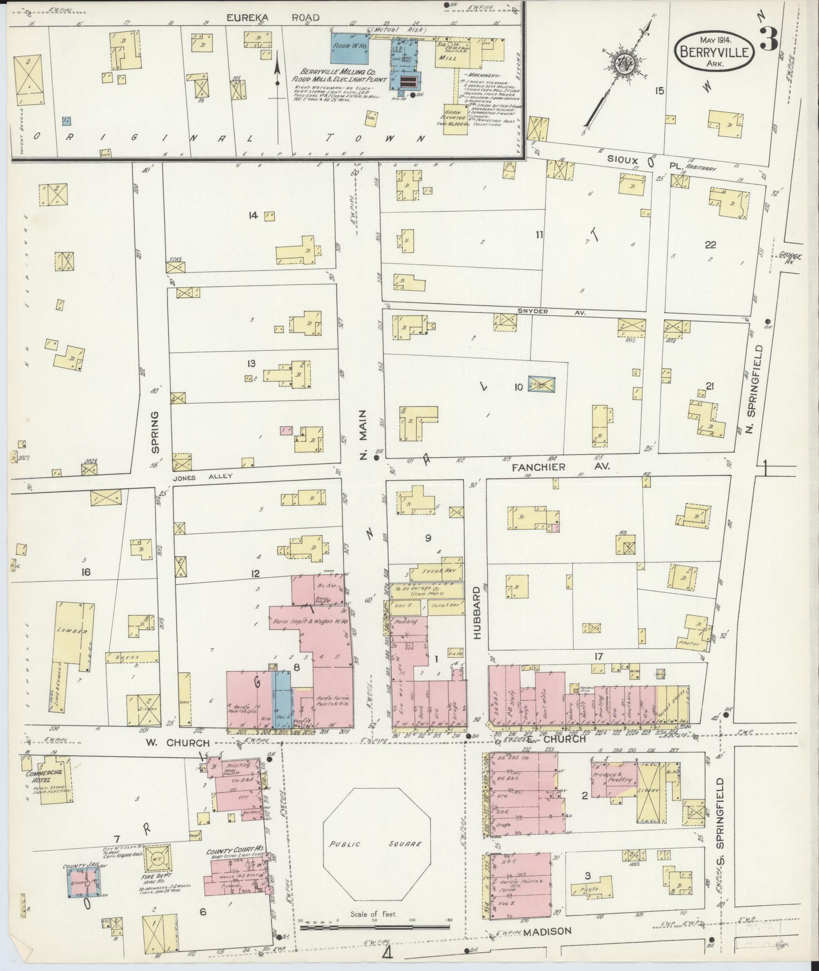 Sanborn Fire Insurance Map from Berryville, Carroll County, Arkansas (1914), Sheet #0003 - Historic Sanborn Fire Insurance Map Print, vintage old map wall art, antique decor, genealogy gift, Arkansas Arkansas map