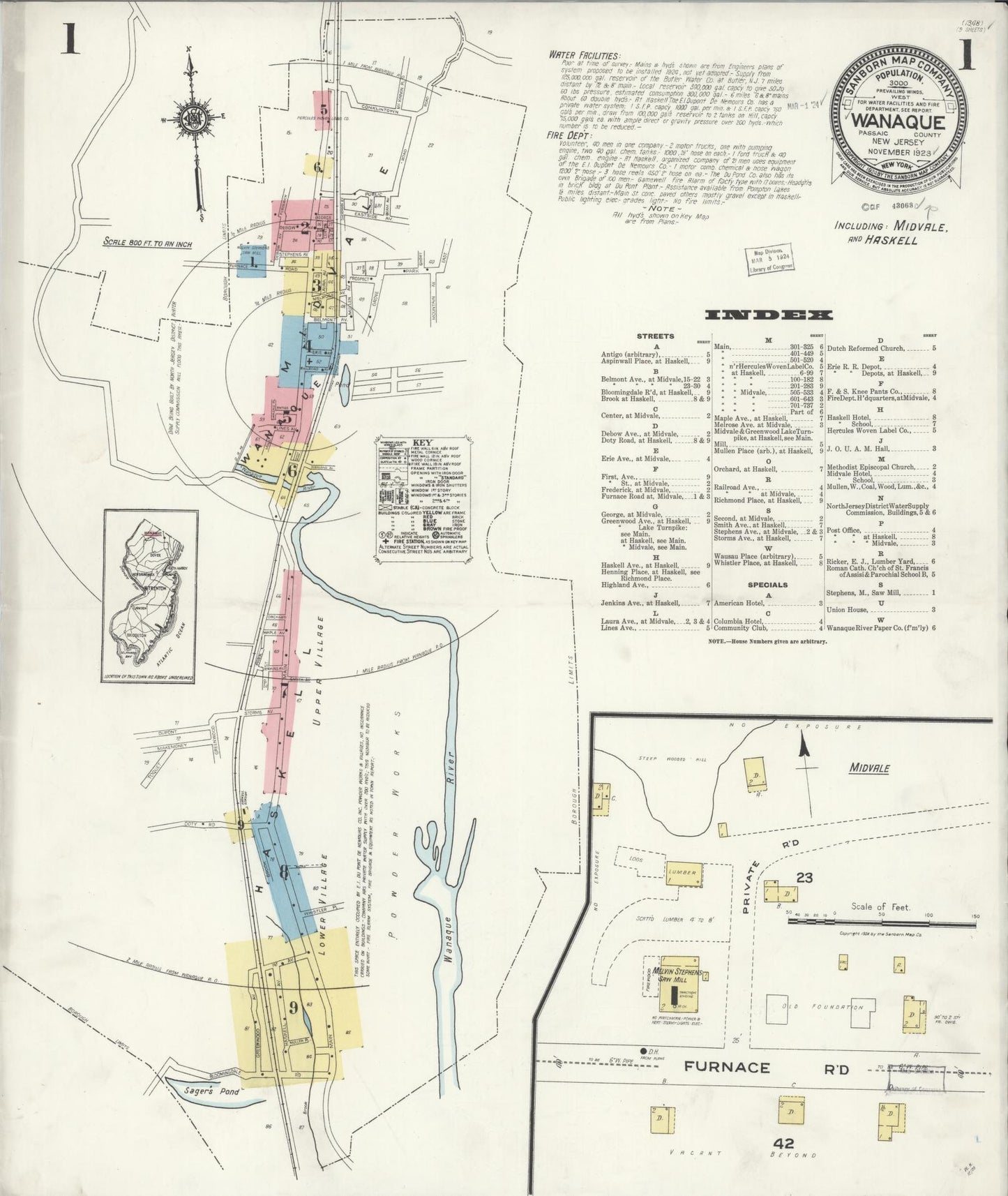 Sanborn Fire Insurance Map from Wanaque, Passaic County, New Jersey. (1923) – Historic Sanborn Fire Insurance Map Print