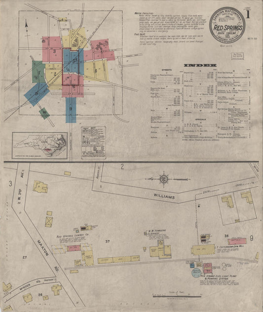 Sanborn Fire Insurance Map from Red Springs, Robeson County, North Carolina (1922), Sheet #0001 - Complete Map Set gallery image, historic Sanborn map, vintage wall art, North Carolina North Carolina