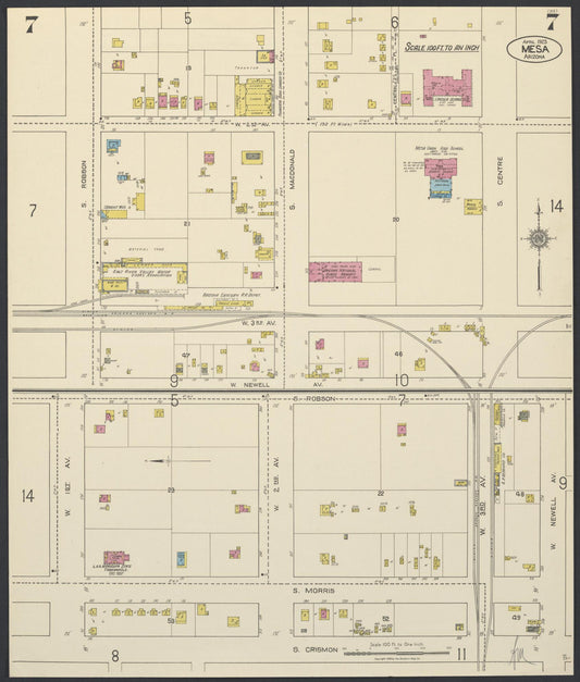 Sanborn Fire Insurance Map from Mesa, Maricopa County, Arizona (1923), Sheet #0007 - Historic Sanborn Fire Insurance Map Print, vintage old map wall art, antique decor, genealogy gift, Arizona Arizona map