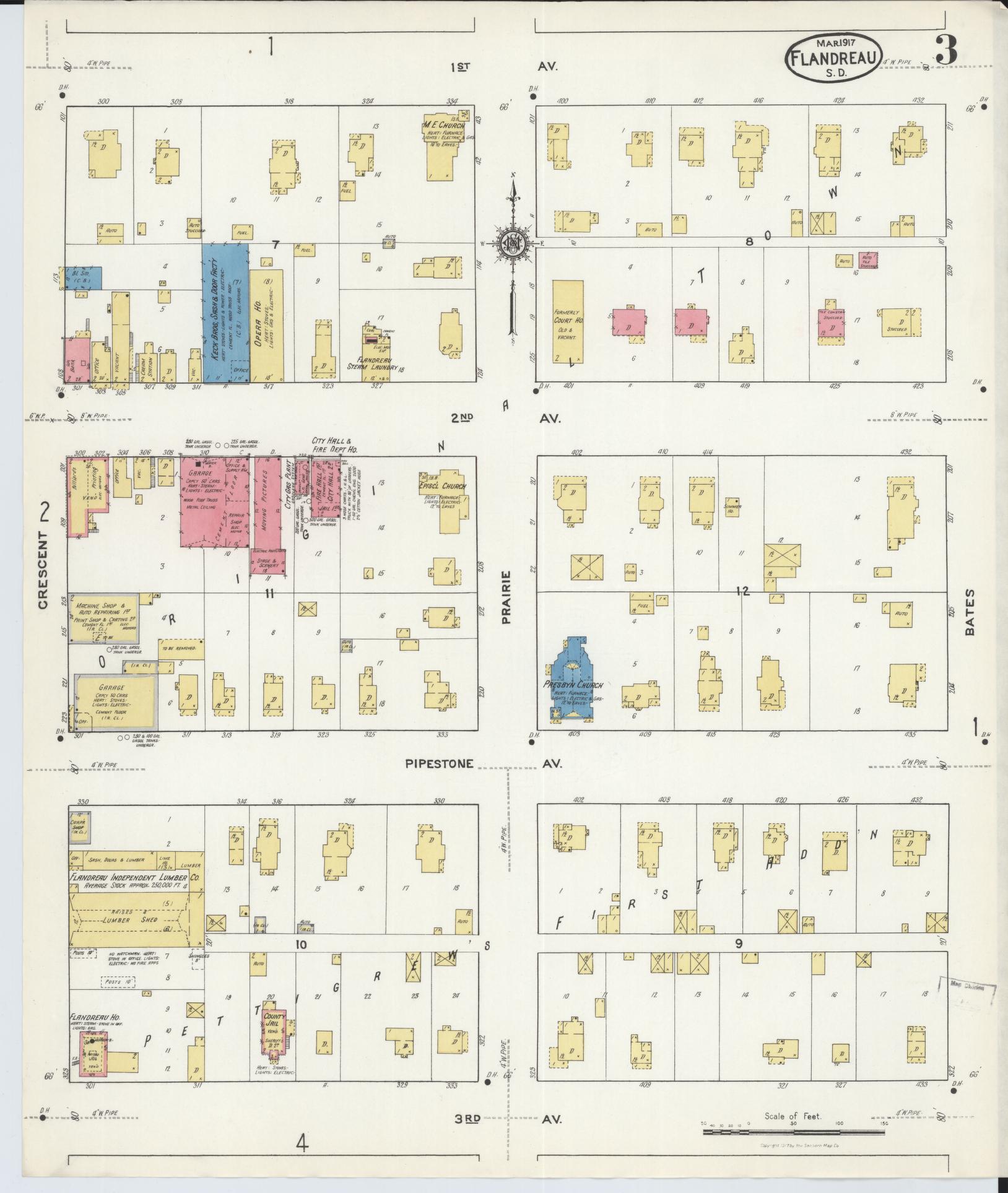 Sanborn Fire Insurance Map from Flandreau, Moody County, South Dakota (1917), Sheet #0003 - Complete Map Set gallery image, historic Sanborn map, vintage wall art, South Dakota South Dakota