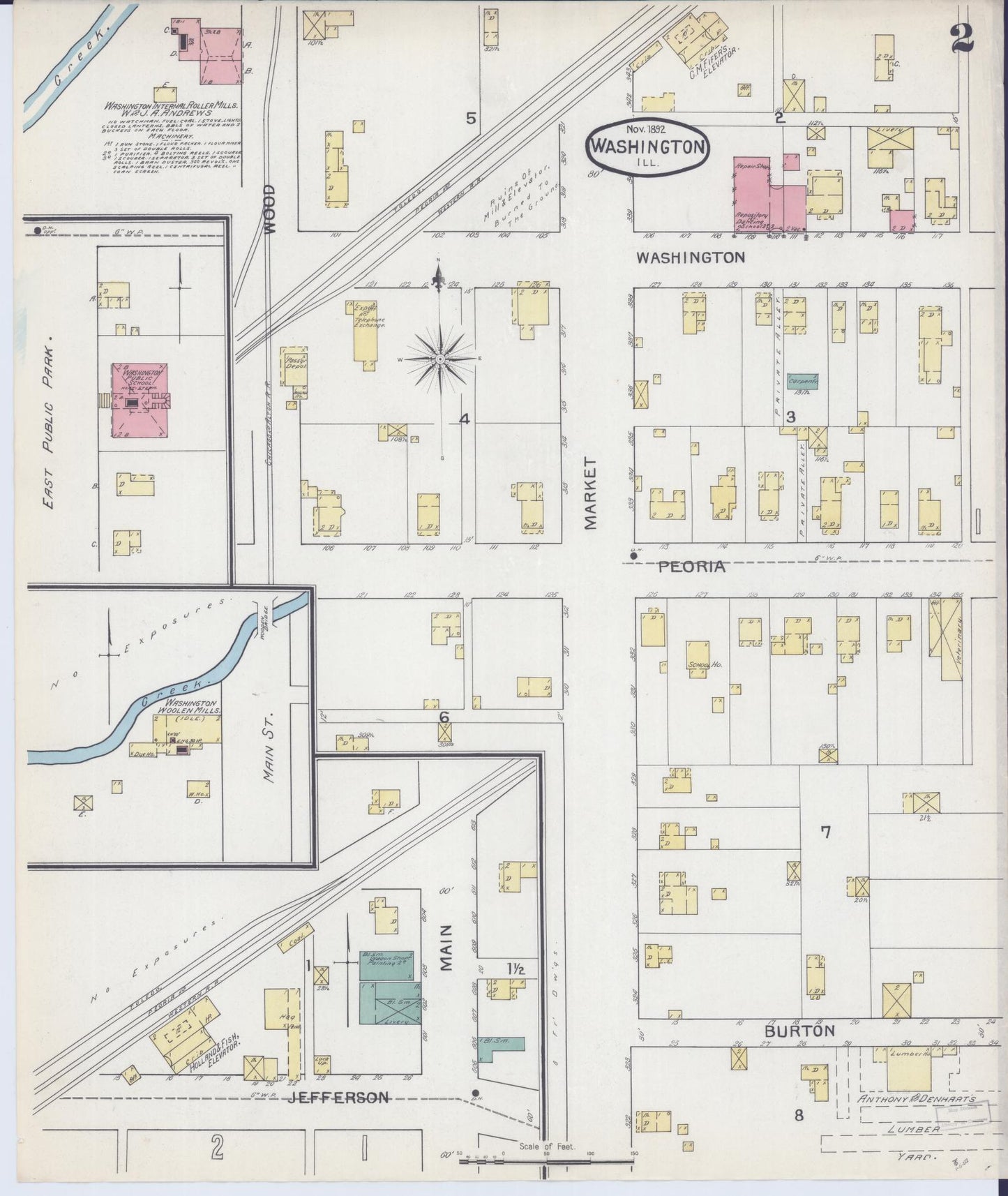 Sanborn Fire Insurance Map from Washington, Tazewell County, Illinois (1892), Sheet #0002 - Historic Sanborn Fire Insurance Map Print, vintage old map wall art, antique decor, genealogy gift, Washington Washington map