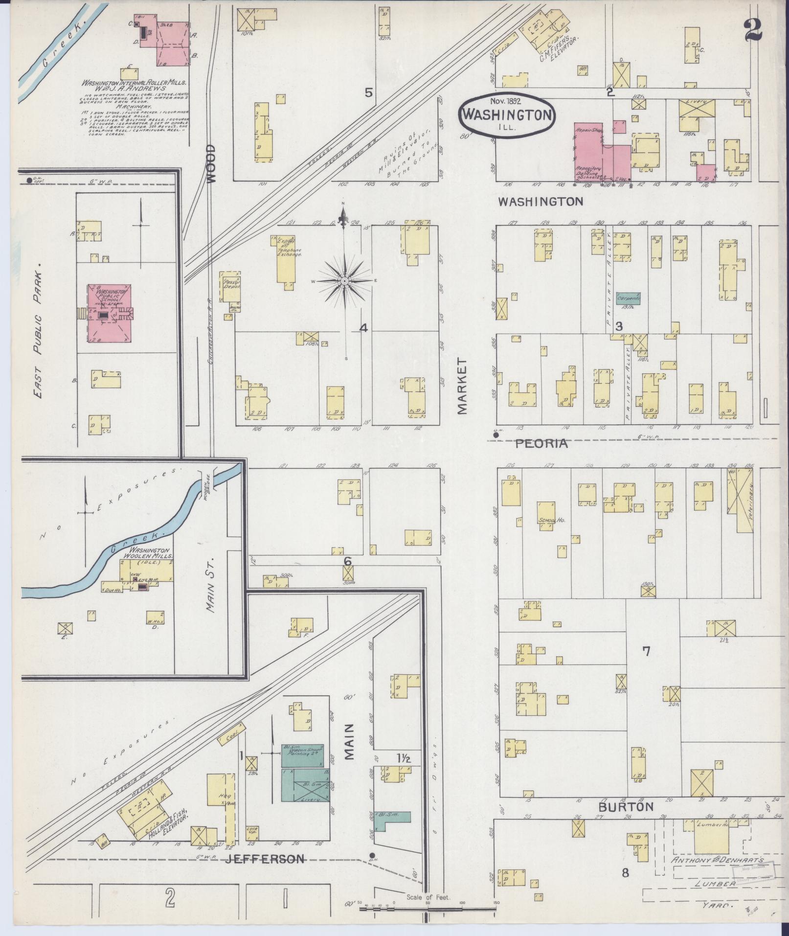 Sanborn Fire Insurance Map from Washington, Tazewell County, Illinois (1892), Sheet #0002 - Historic Sanborn Fire Insurance Map Print, vintage old map wall art, antique decor, genealogy gift, Washington Washington map